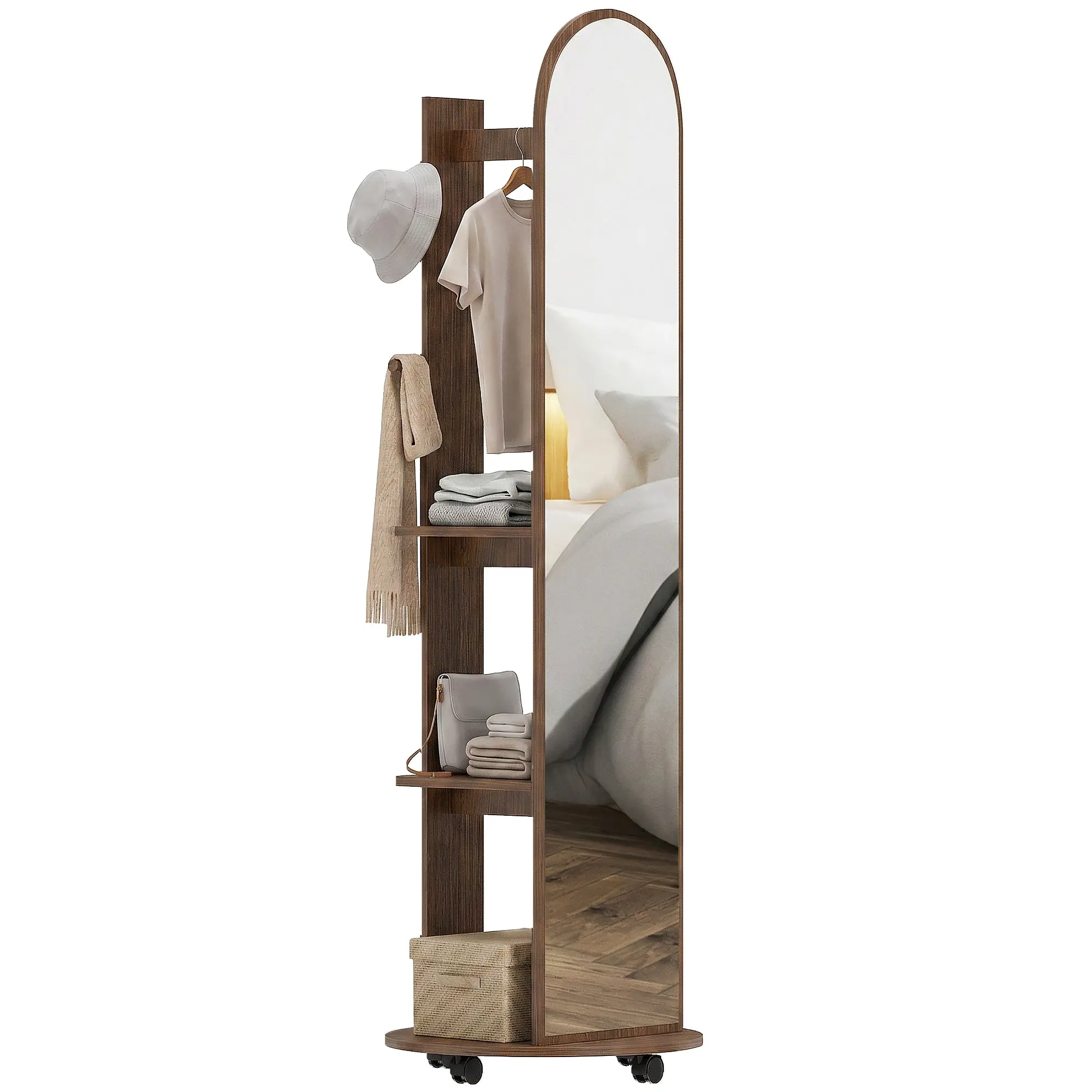 Full-Length Mirror with Storage Shelves, 4 Casters & Coat Hooks, Brown Wood Effect