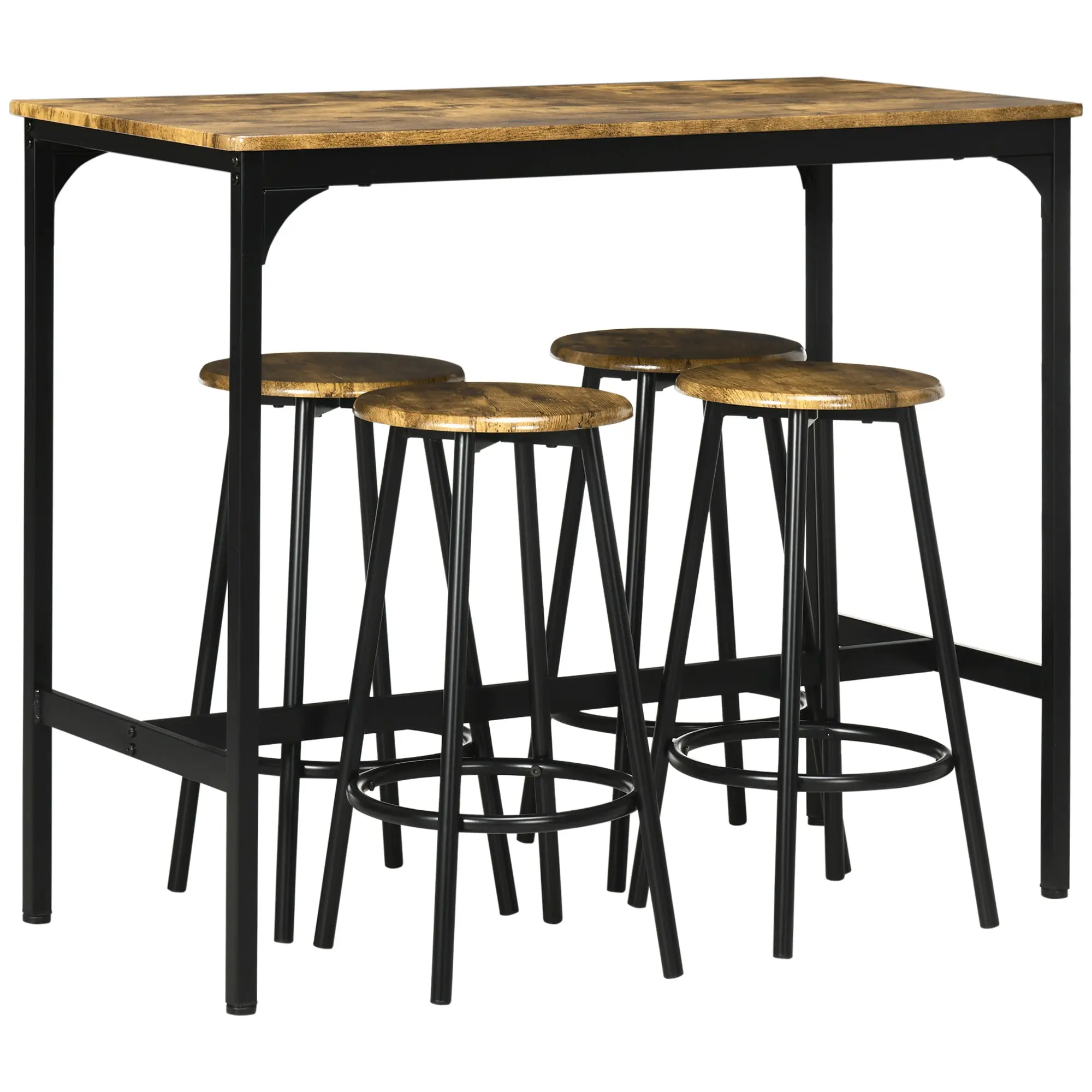 Five-Piece Industrial Bar Set with 4 Stools Metal Frame & Footrest Rustic Brown
