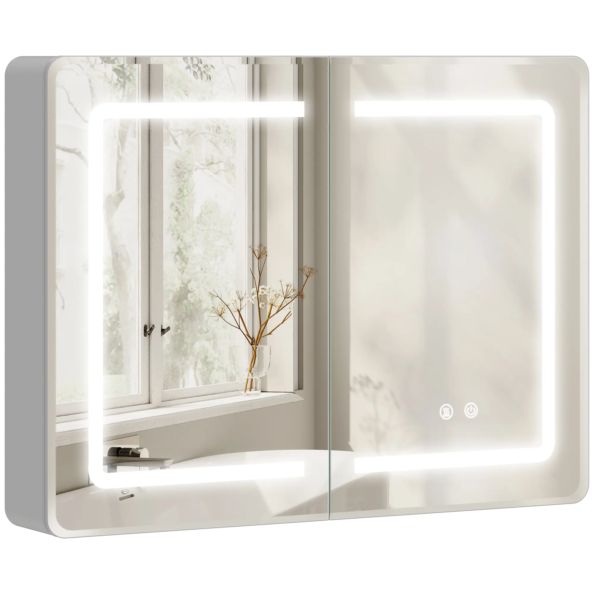 Bathroom Mirror Cabinet with LED Lights and Double-Sided Mirrors, 600 x 800 mm Aluminium Wall Mounted Bathroom Cabinet with Anti-Fog, 3 Colour Dimmable Lighting, Adjustable Shelves