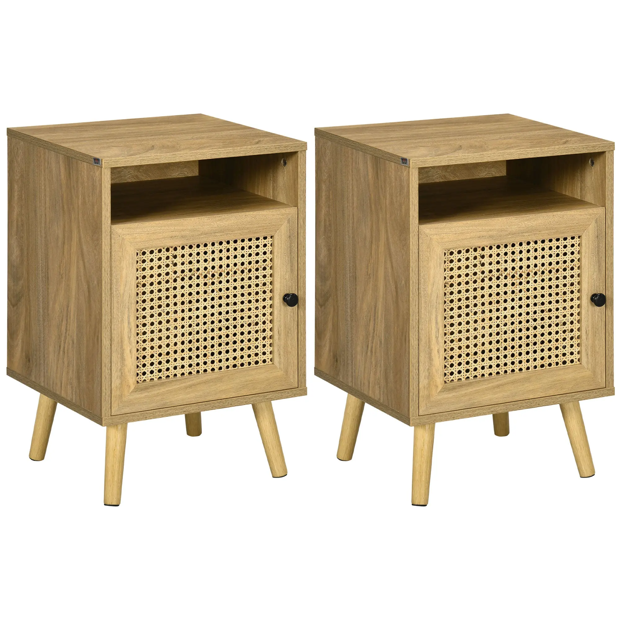Bedside Table Set of 2 with Storage Shelf and Door Cupboard, Rattan Element, Natural