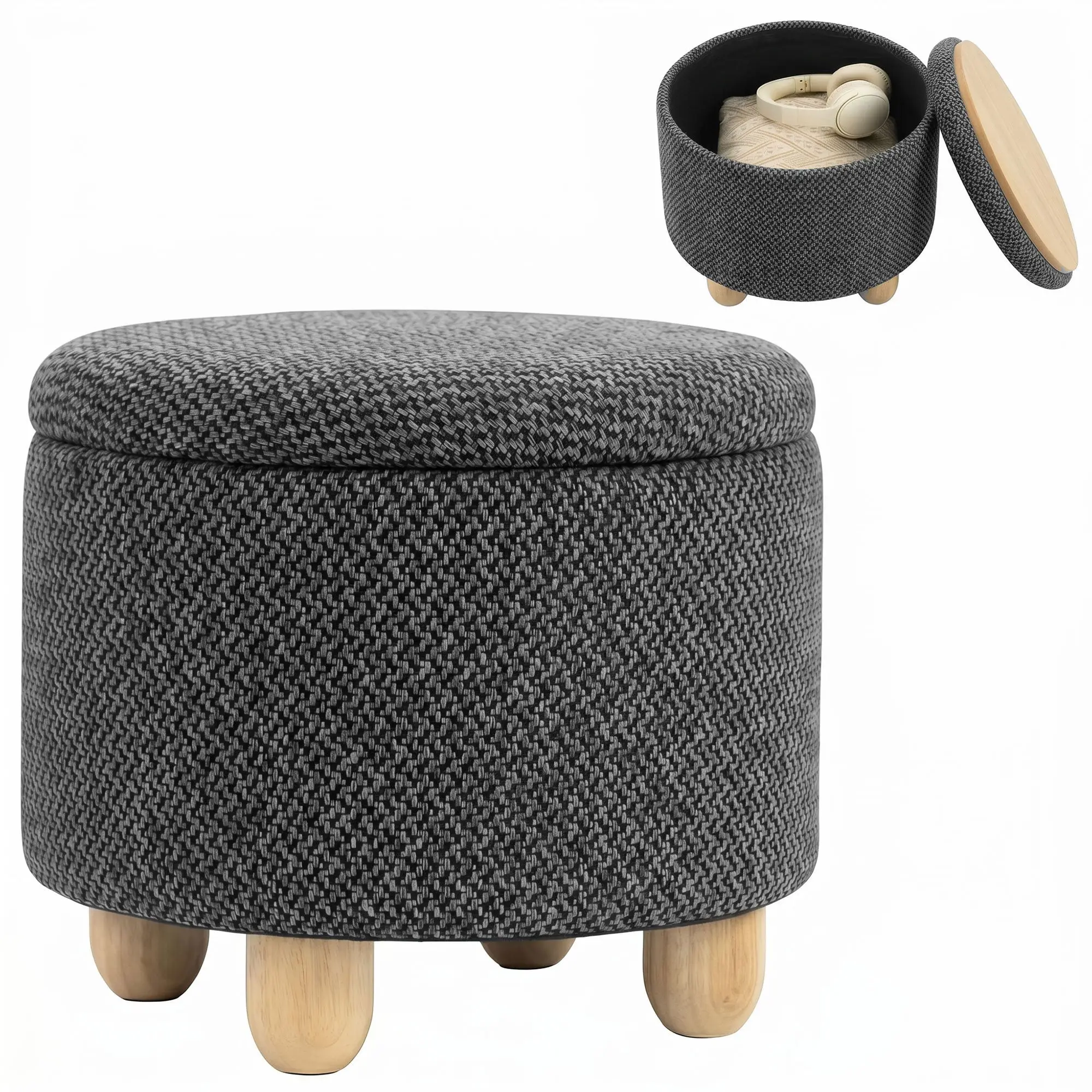 Round Storage Ottoman with Lid & Rubberwood Legs, Burlap Fabric Footstool for Bedroom or Living Room, 38.5 x 38.5 cm, Dark Grey