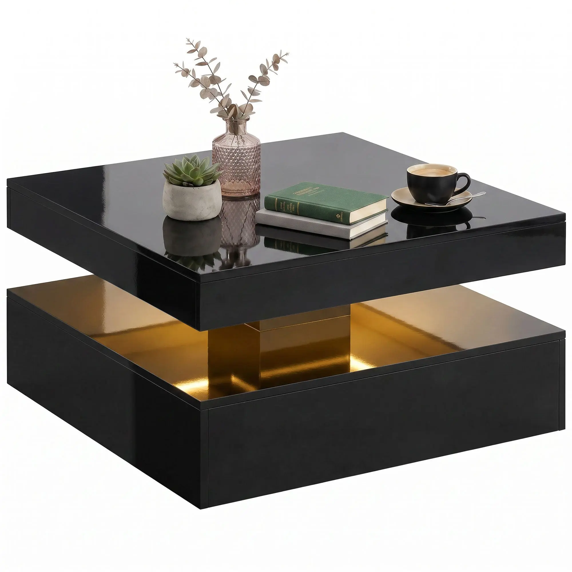 LED 2-Tier Coffee Table with Storage and Remote for Living Room, High Gloss Black