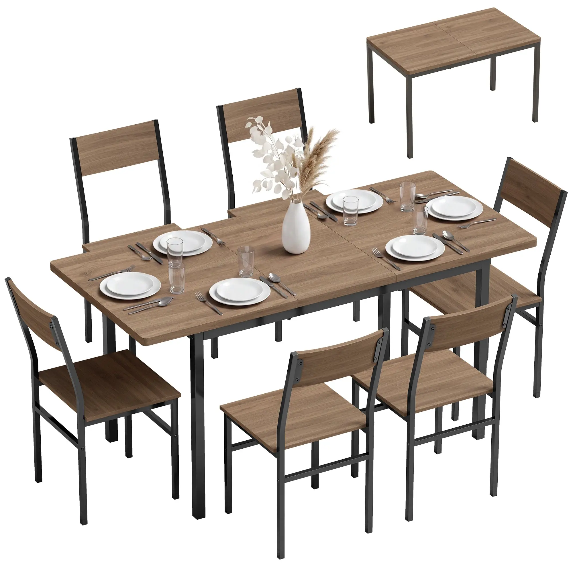 47"-63" Extendable Industrial Dining Set for 4-6 with 6 Stackable Chairs, Brown