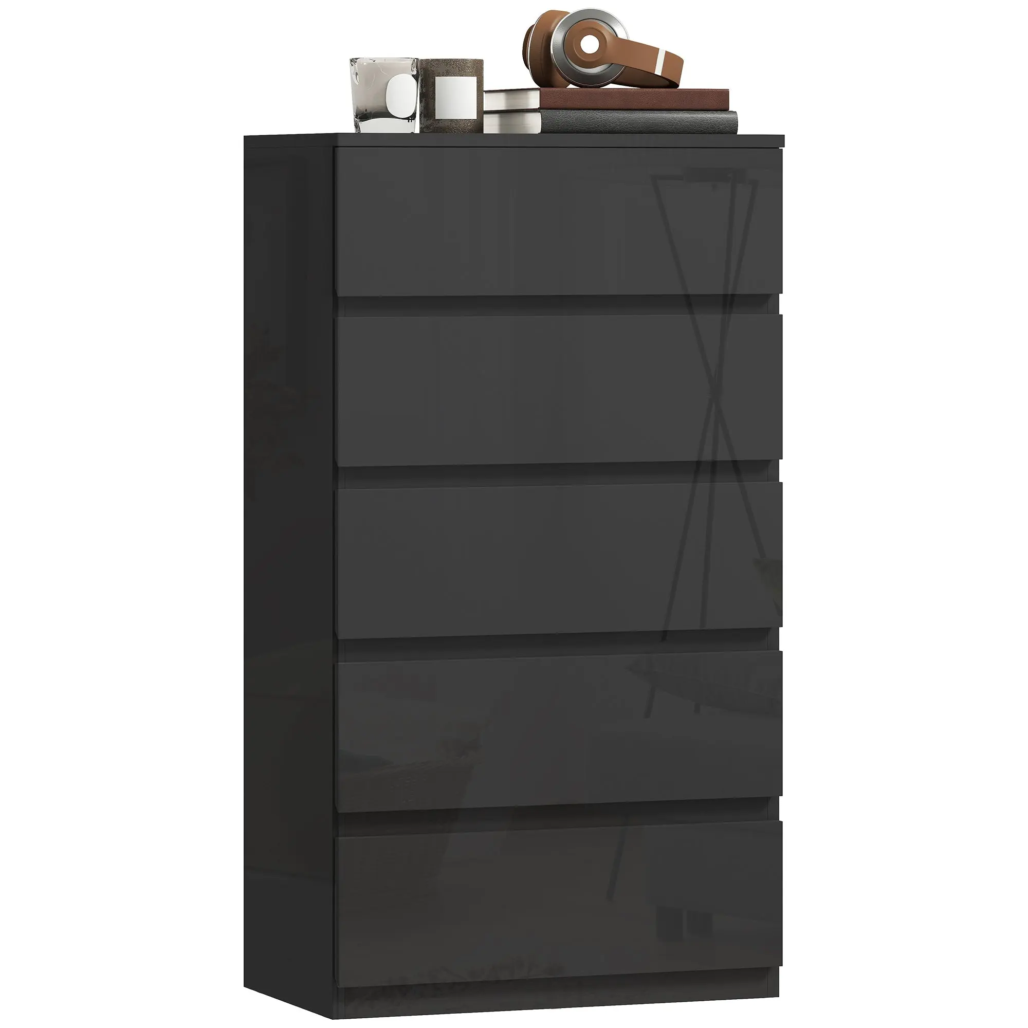 Chest of Drawers, 5 Drawers Storage Cabinet Floor Tower Cupboard for Bedroom Living Room, High Gloss Black