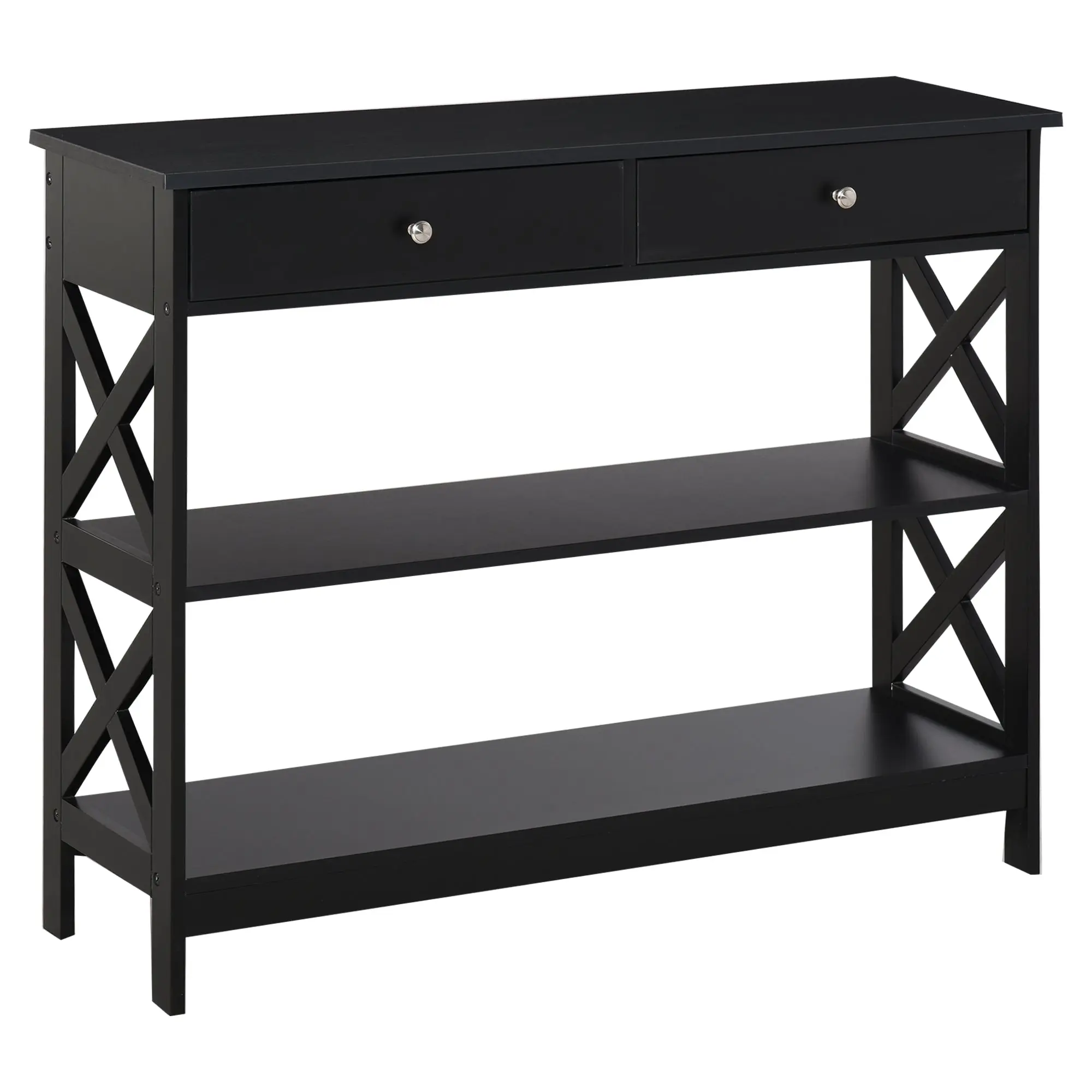 Console Table Sofa Side Desk with Storage Shelves Drawers X Frame for Entryway Black