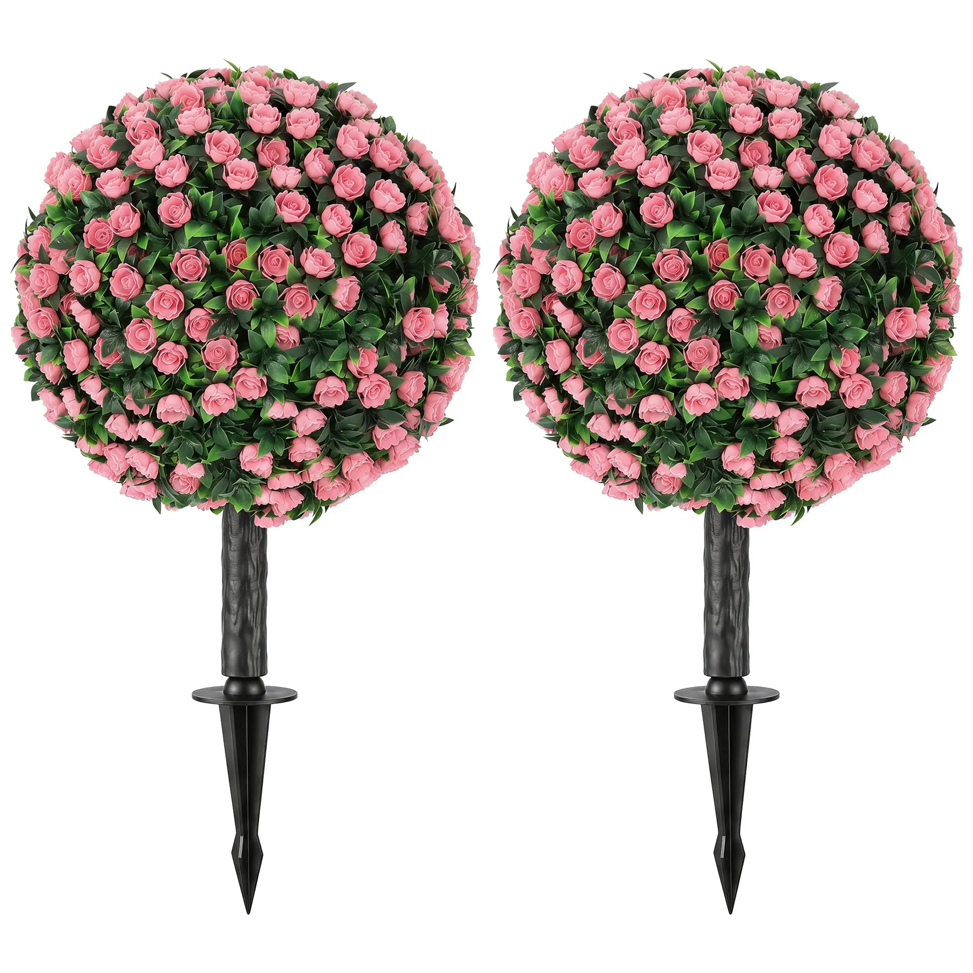 55 cm Artificial Rose Topiary Set of 2 with Ground Stake, UV-Resistant Pink Fake Plants for Indoor Outdoor Decor
