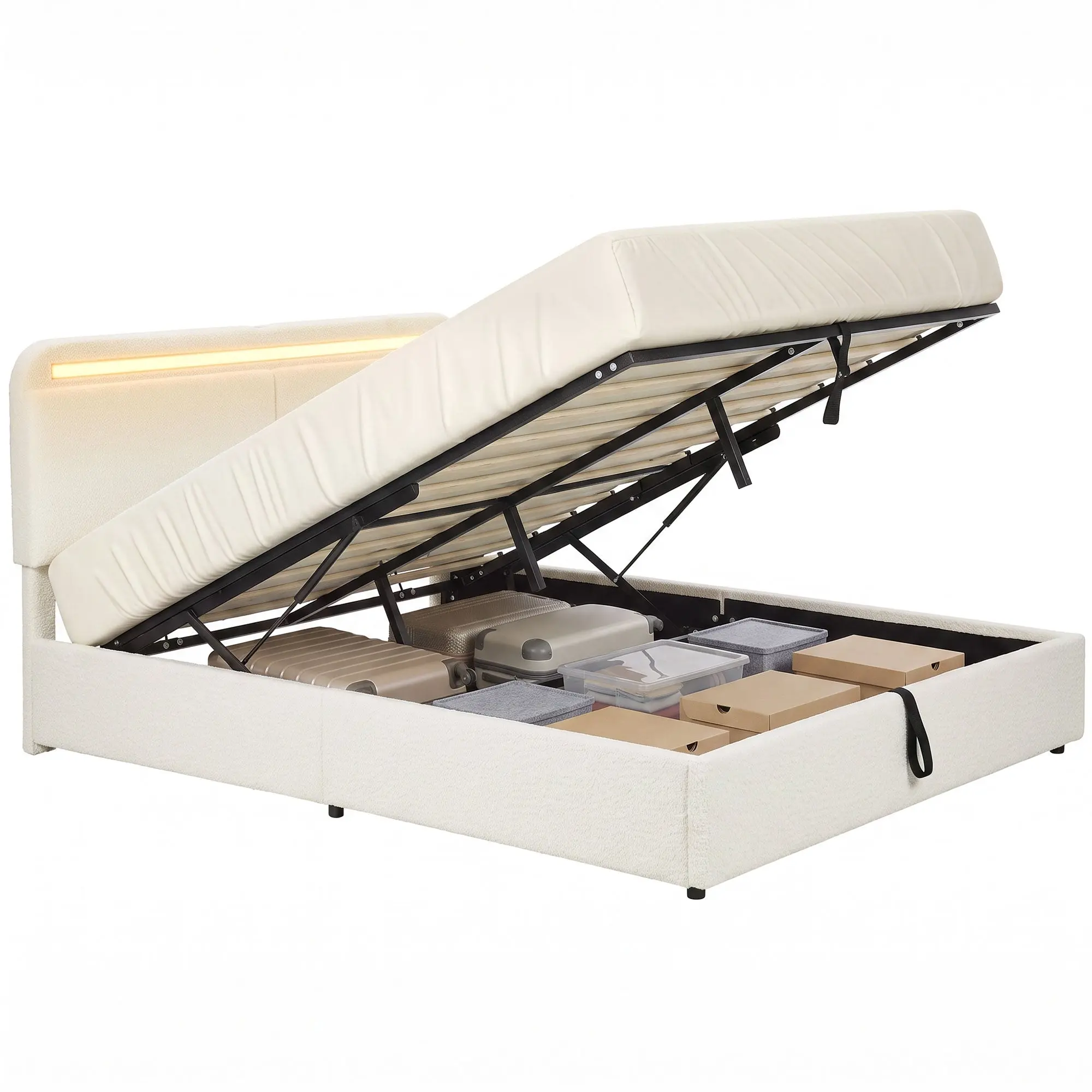 Queen Platform Bed with Charging Station LED Lights & Adjustable Headboard White