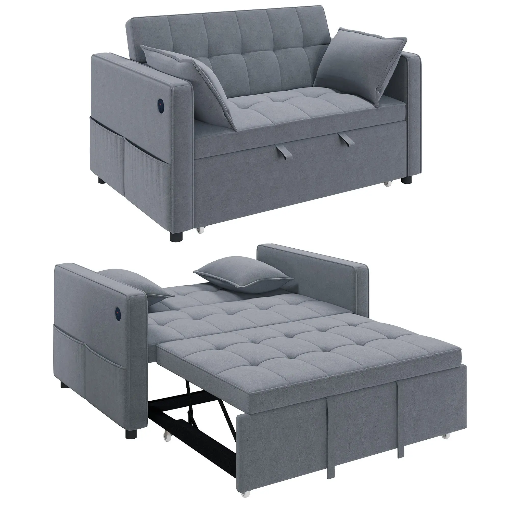 3-in-1 Convertible Sofa Bed, Pull Out Sleeper Sofa with USB Charging, Dark Grey