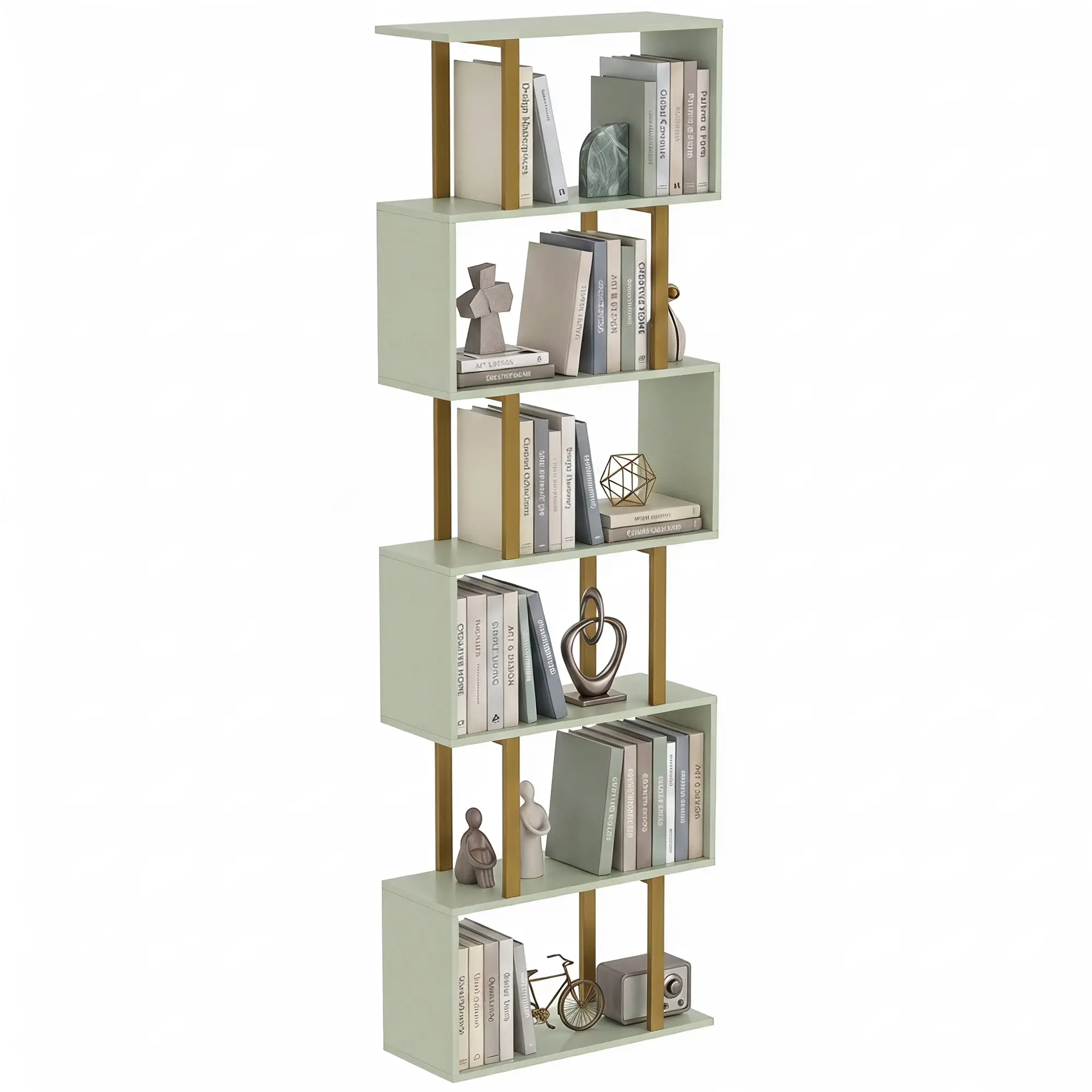 S-Shaped 5-Tier Freestanding Bookshelf with Anti-Tip Strap, Light Green