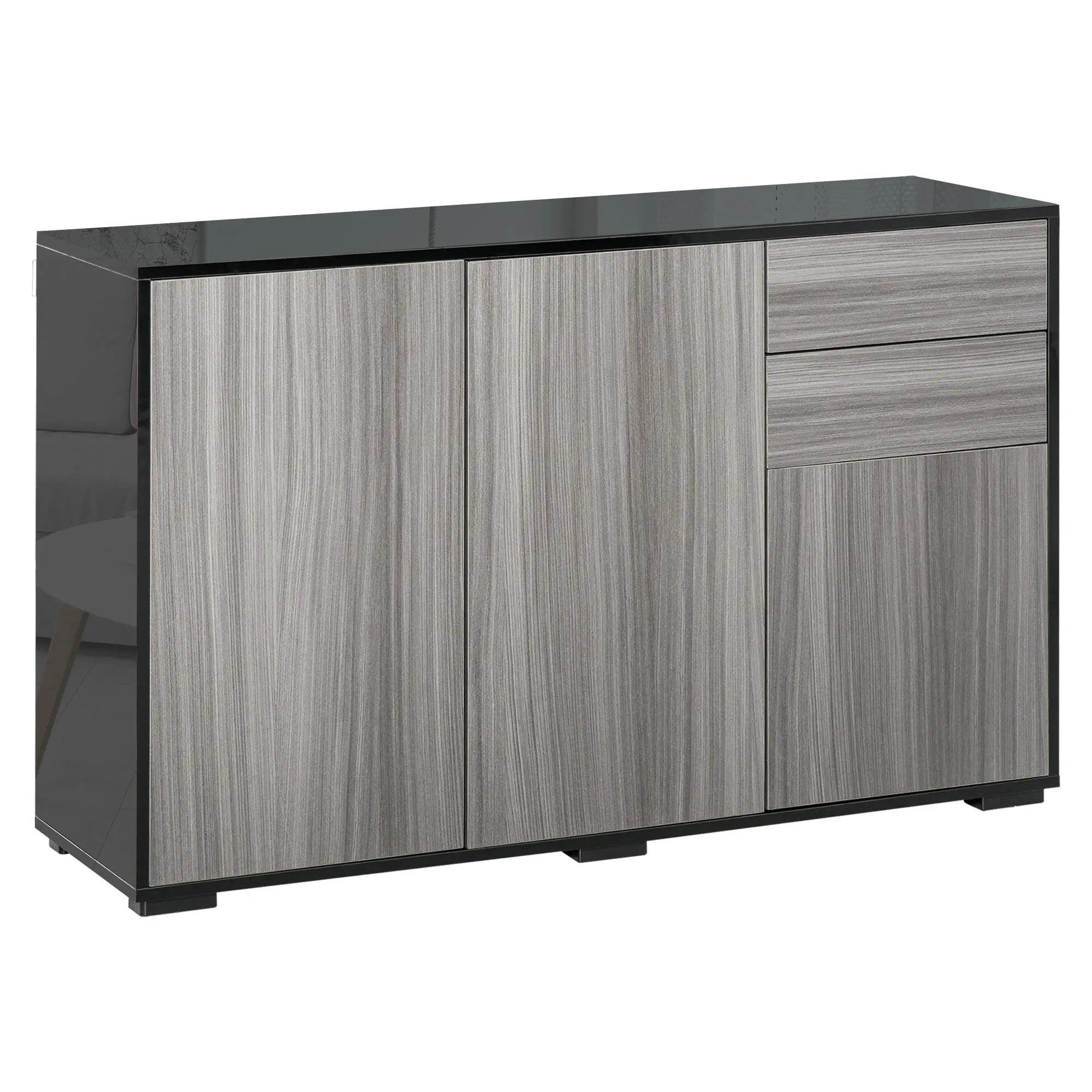 High Gloss Buffet with 2 Drawers 3 Doors & Adjustable Shelf, Grey & Black