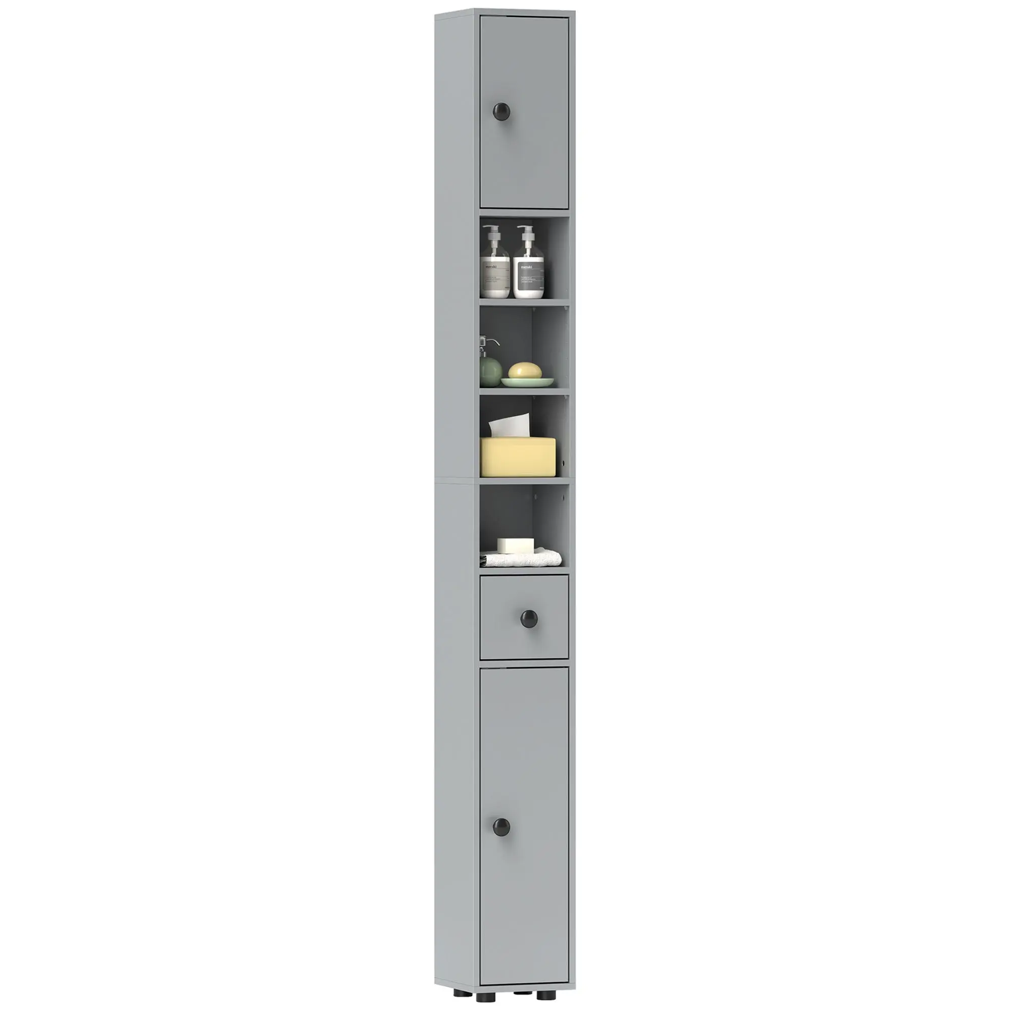 71" Tall Narrow Bathroom Cabinet w/ Open Shelves, 2 Door Cabinets & Adjustable Shelves, Grey
