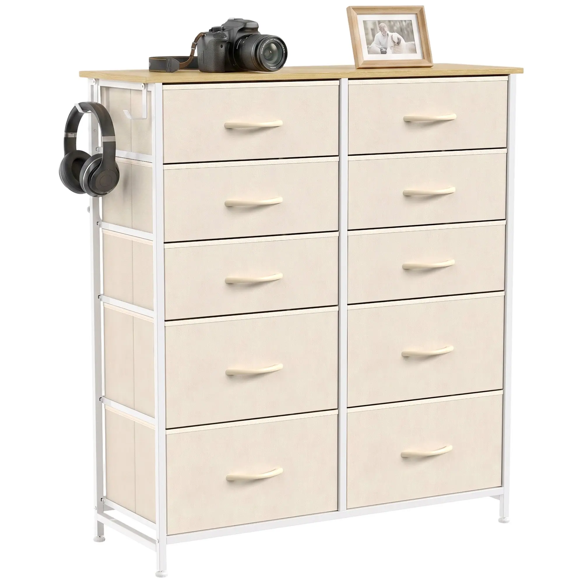 Tall Chest of Drawers with 8 Fabric Drawers, 4 Side Pockets & 2 Hooks, Beige