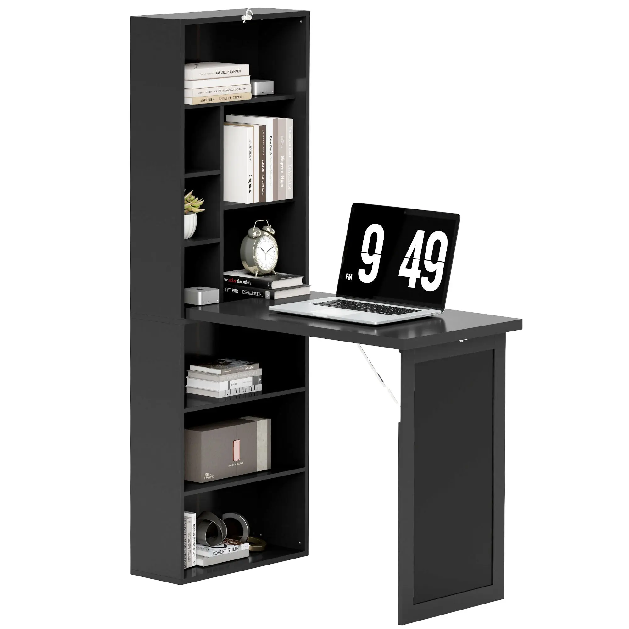 Wall Mounted Computer Desk, Folding Study Table with Black Board and Bookshelf, Black