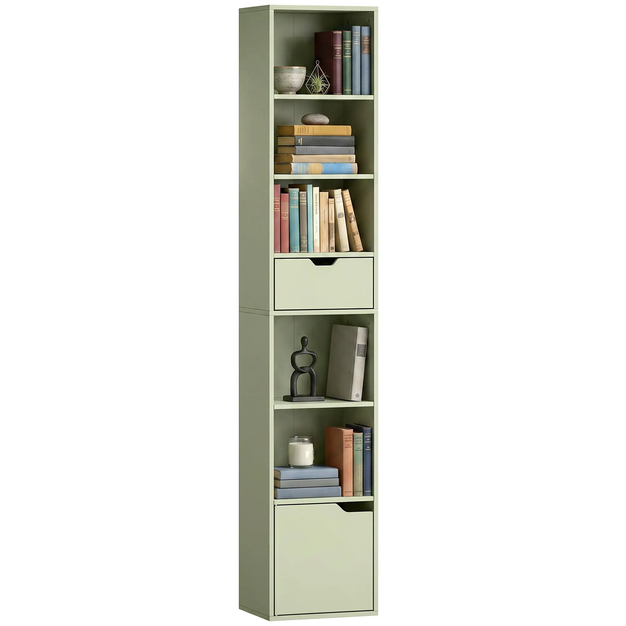 6-Tier Narrow Bookshelf with Drawer, Door and Adjustable Shelves, Green