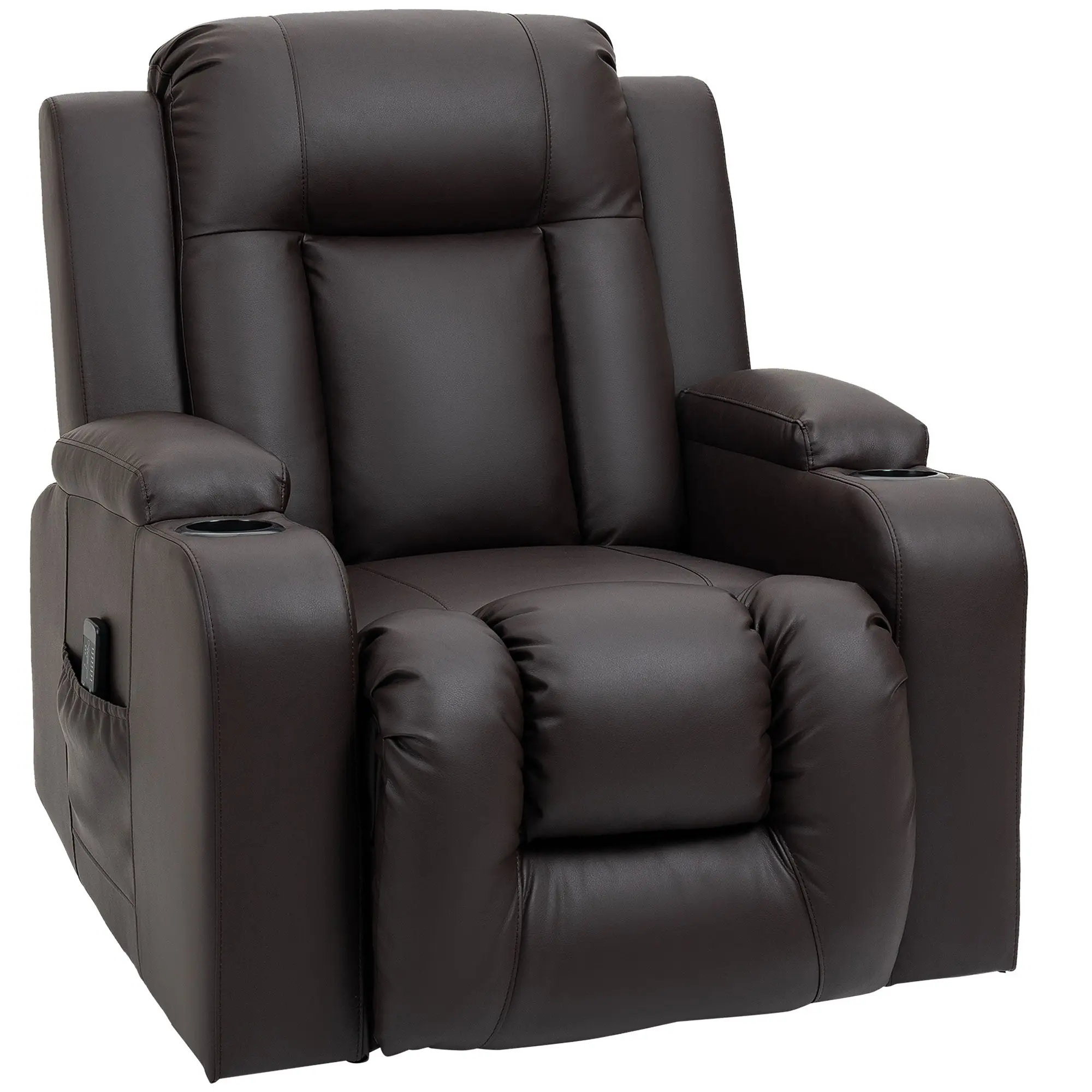 Overstuffed PU Leather Massage Swivel Recliner with Cup Holders Brown