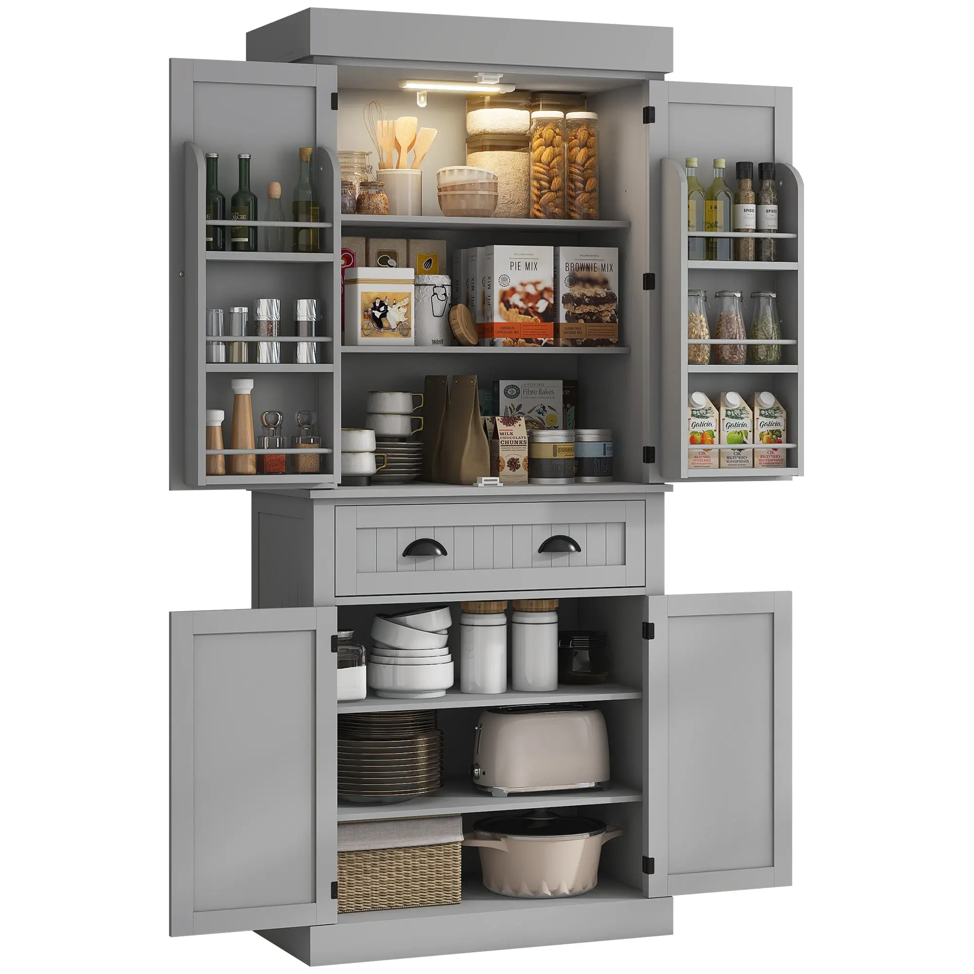 71" Kitchen Pantry Cabinet w/ LED Lights, 6 Door Shelves & 4 Adjustable Shelves, Gray