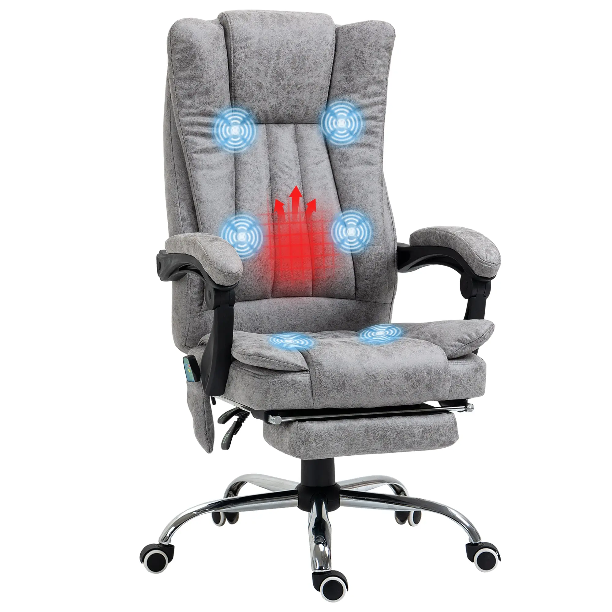 Microfibre Office Chair with Massage and Heat, Reclining Back & Footrest, Grey