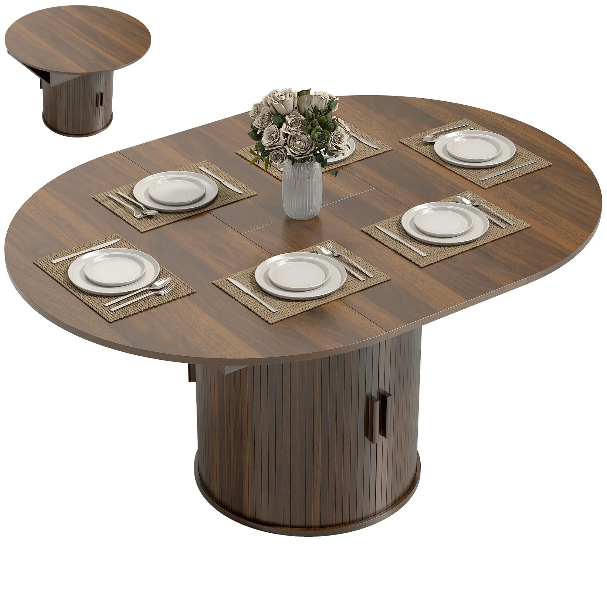 60-Inch Extendable Oval Farmhouse Dining Table with 2-Tier Storage Shelf for 6, Walnut