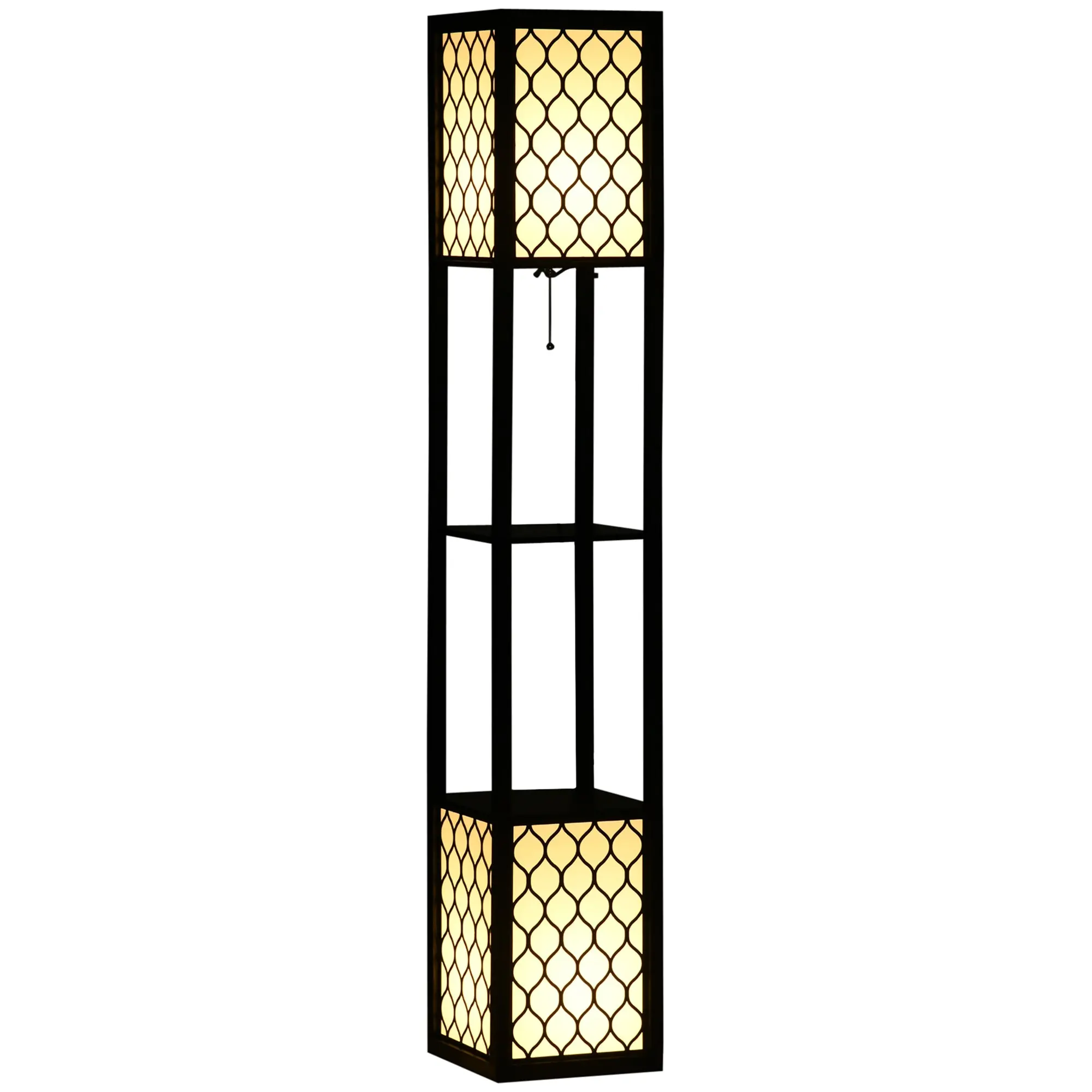 Modern Tall Standing Lamps with Shelves, Dual Lampshades & Chain Switch, Black