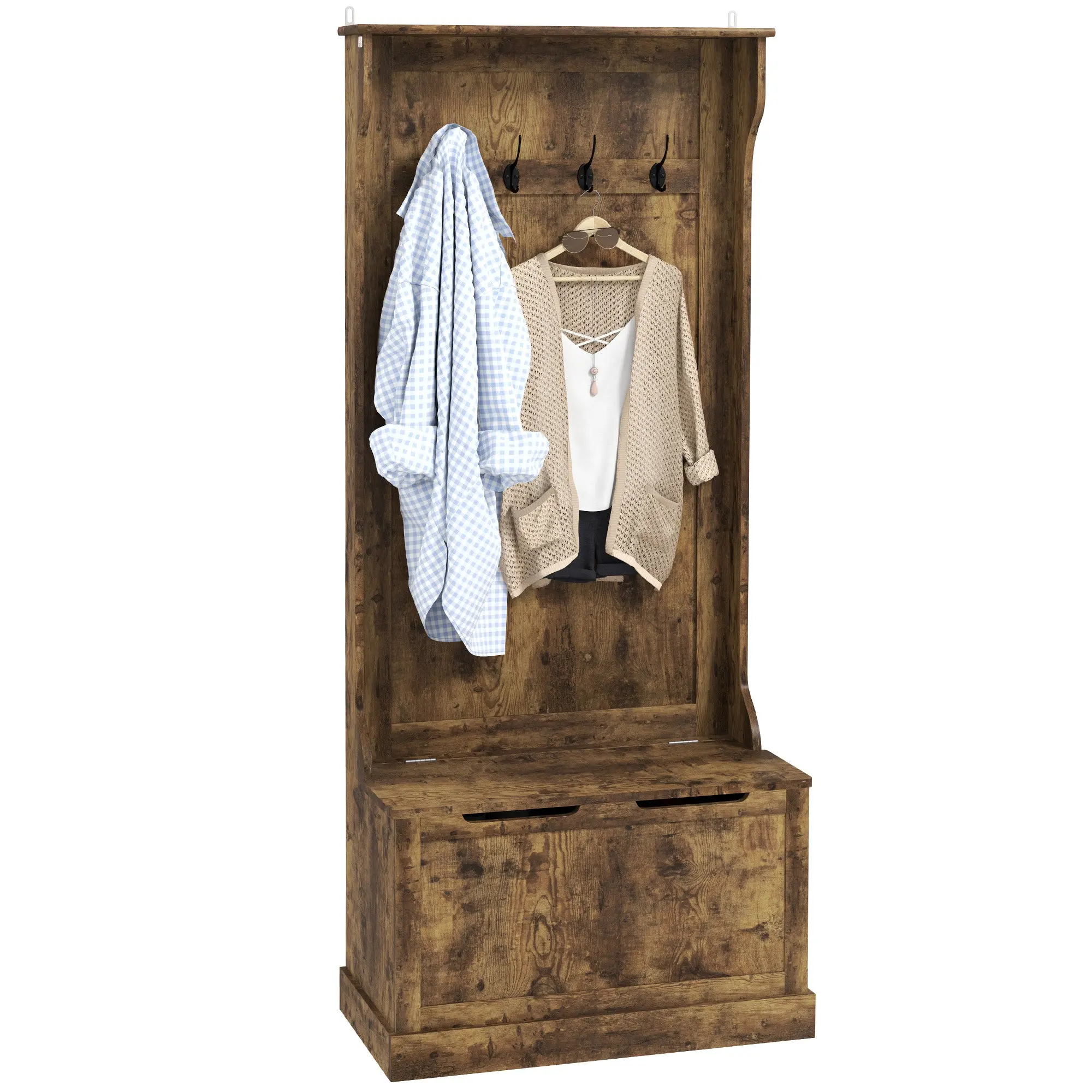 4-In-1 Hall Tree with Bench, 28" Coat Rack with Flip Top Storage Box, 4 Hooks and Top Shelf for Entryway, Hallway, Living Room, Rustic Brown