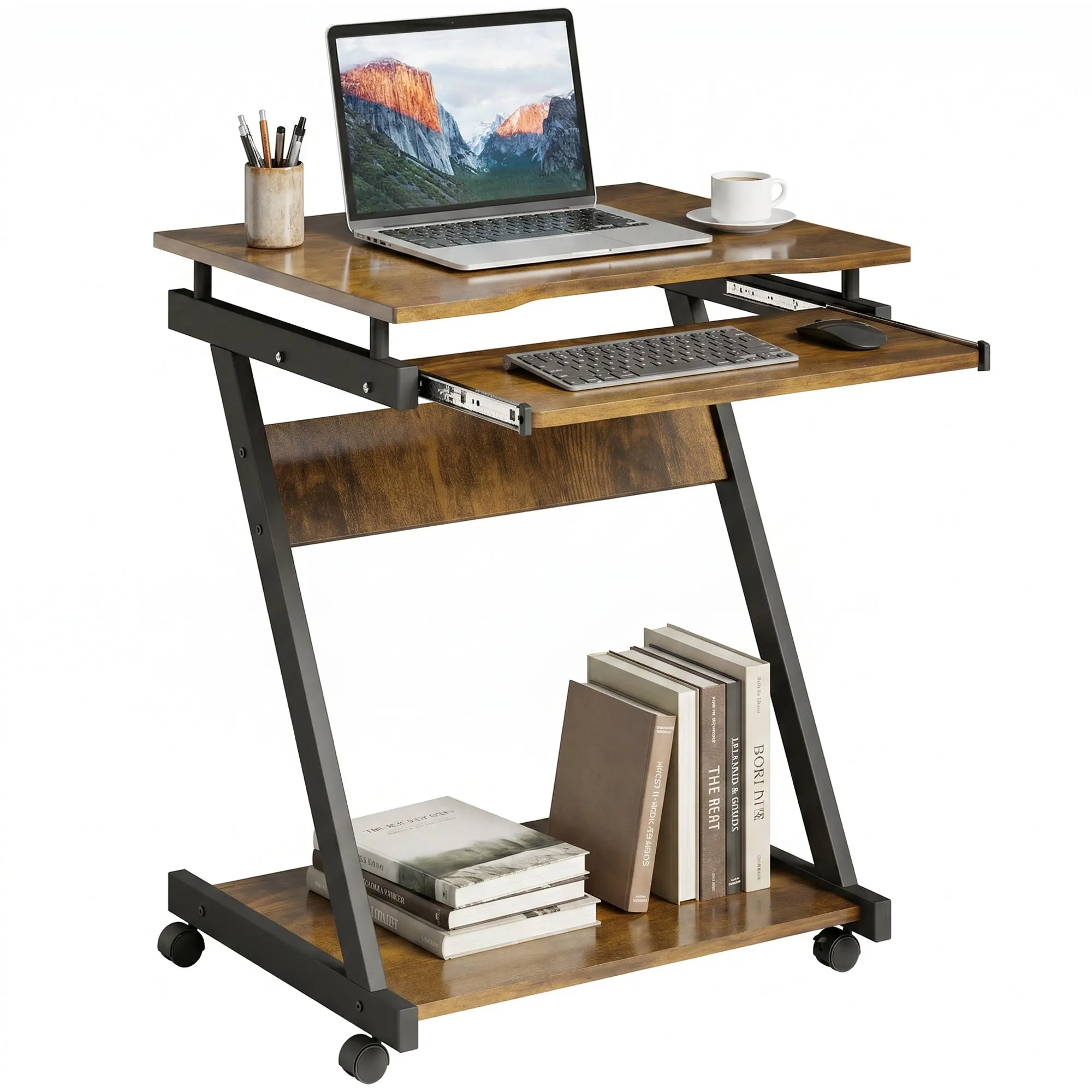 Movable Computer Desk with 4 Locking Wheels & Sliding Keyboard Tray, Rustic Brown