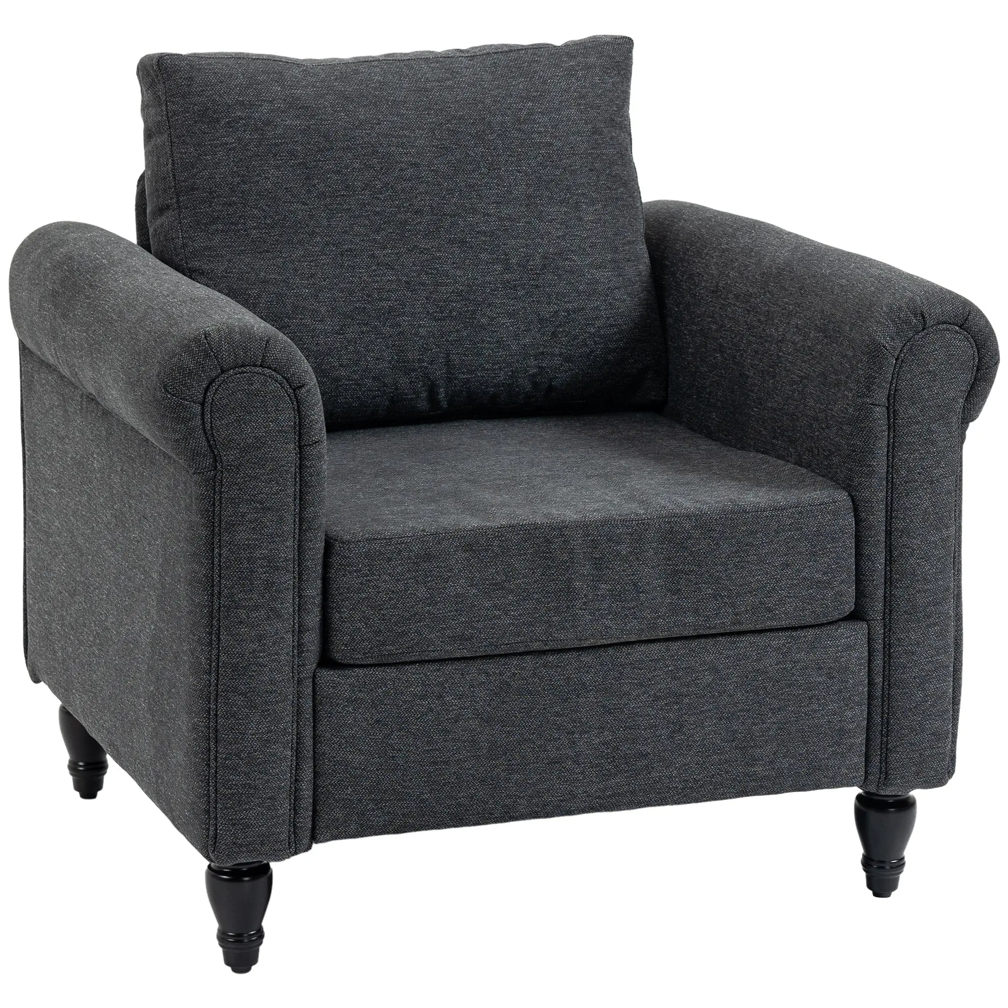 Vintage Accent Chair with Rolled Arms Rubber Wood Legs, Dark Grey
