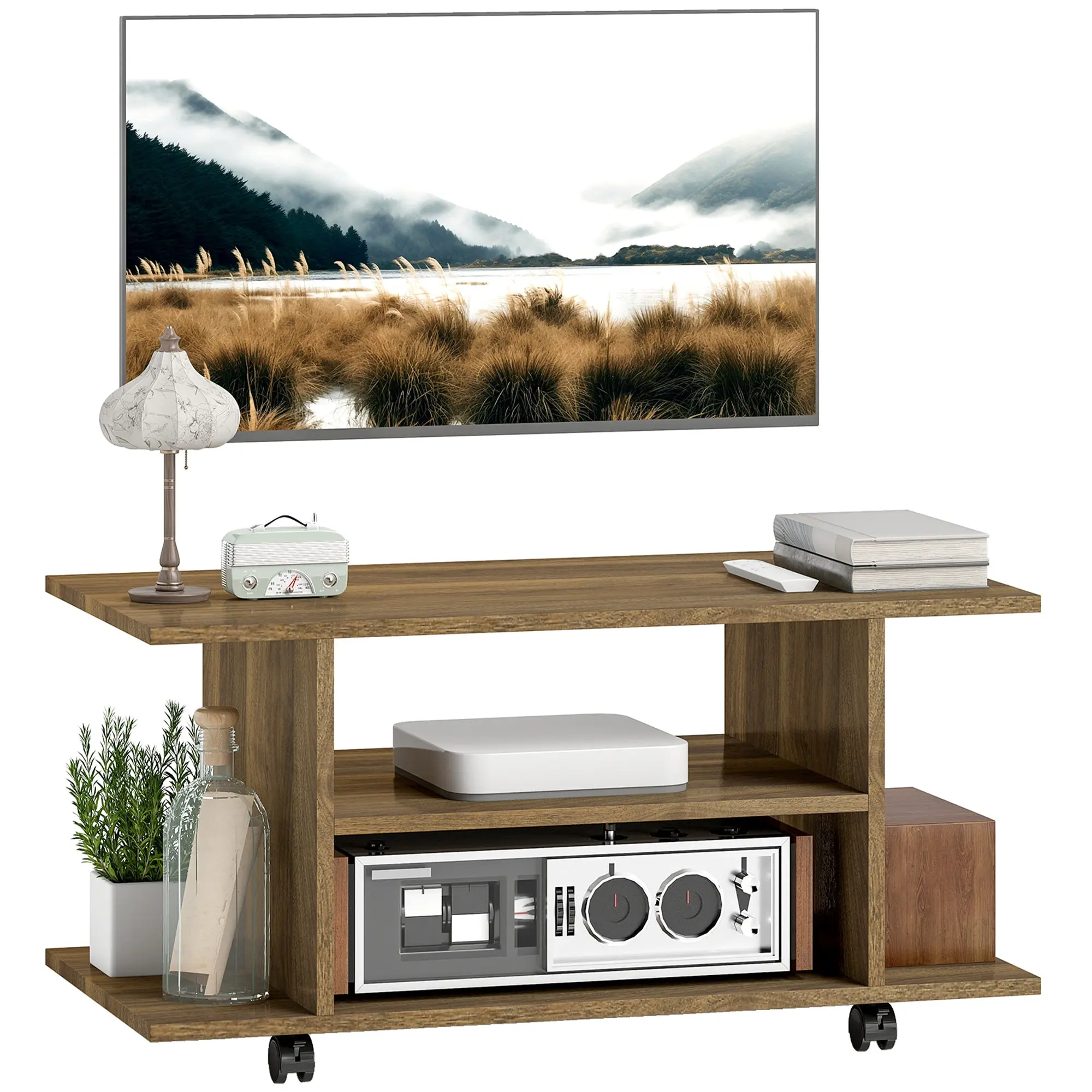 Modern TV Cabinet Stand Storage Shelves Table Mobile Bedroom Furniture Bookshelf Bookcase Walnut