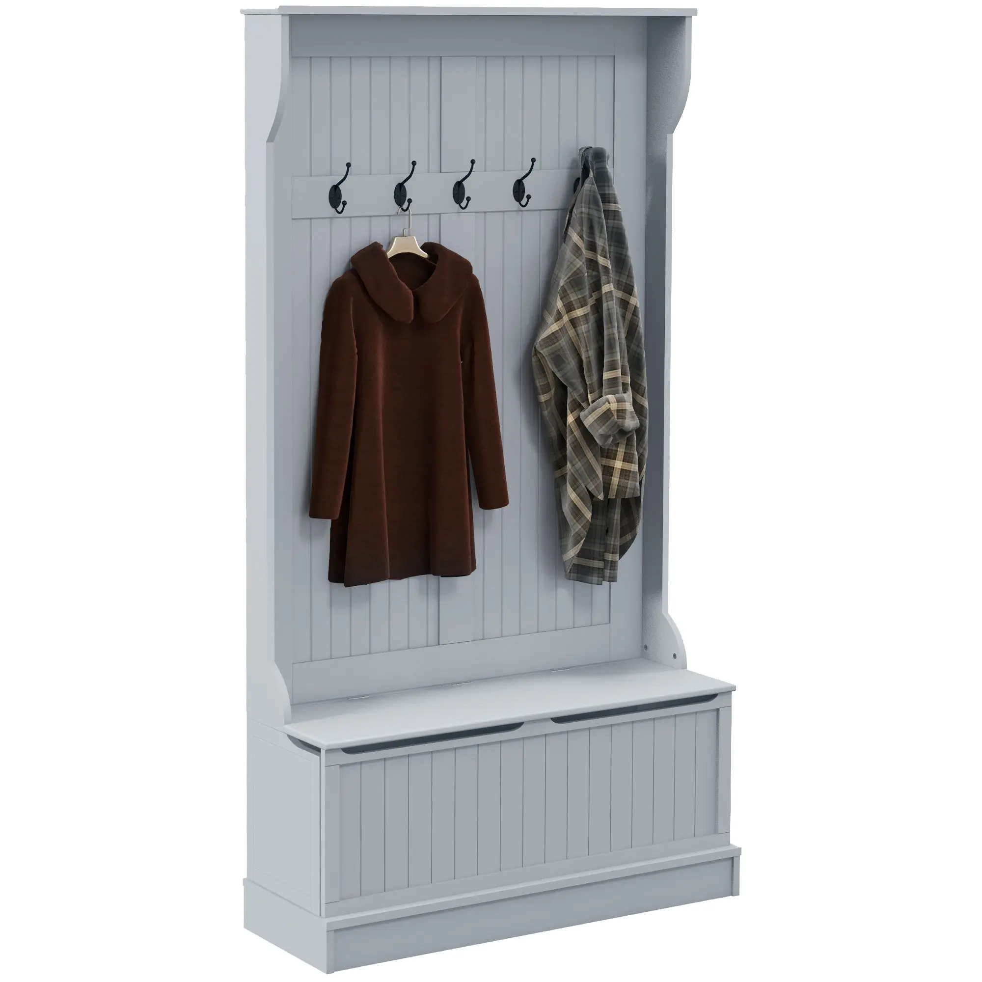 3-in-1 Entryway Bench, Coat Rack, Hall Tree, Shoe Storage & 5 Hooks, Grey