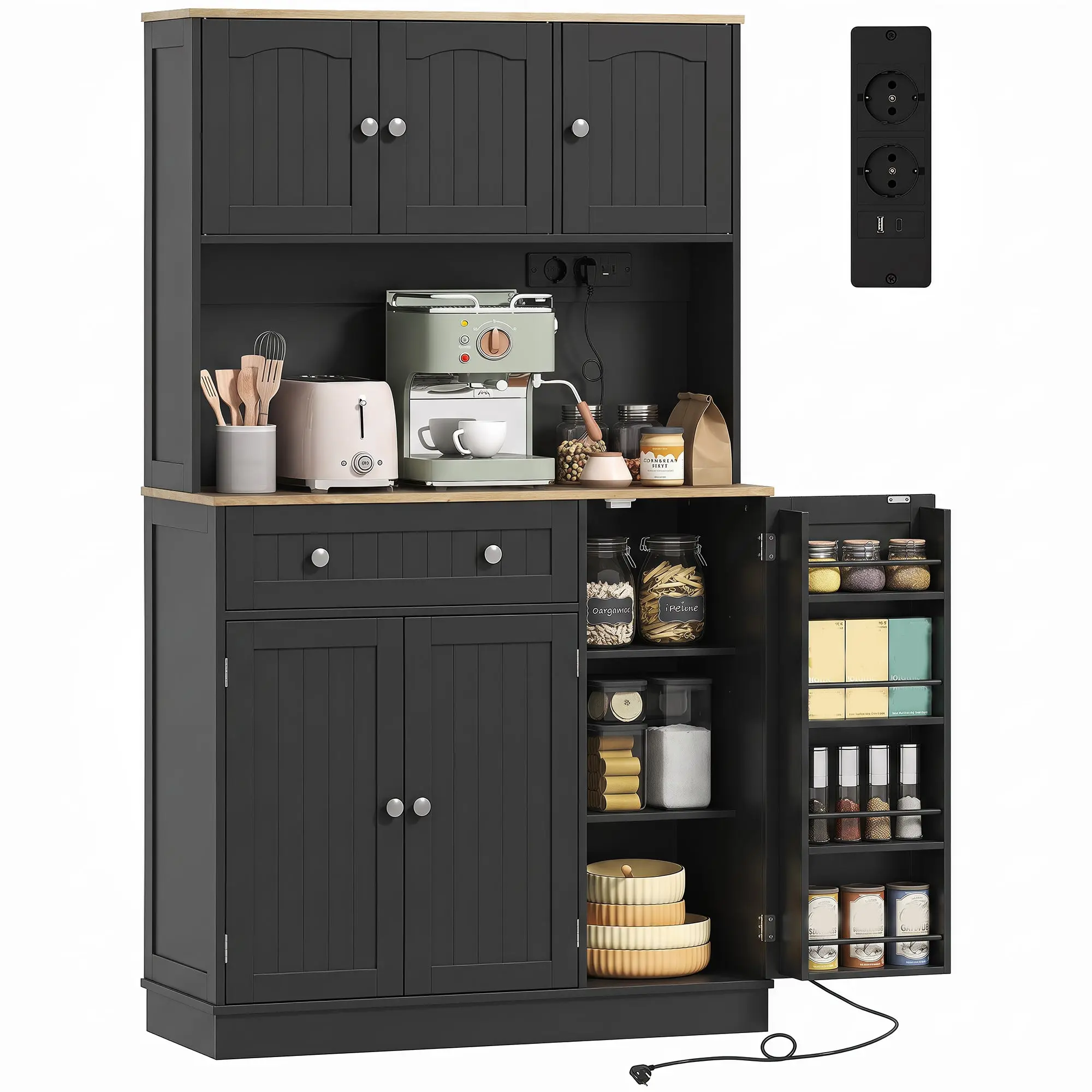 173 cm Tall Farmhouse Kitchen Cupboard with Charging Station & Microwave Stand, Black