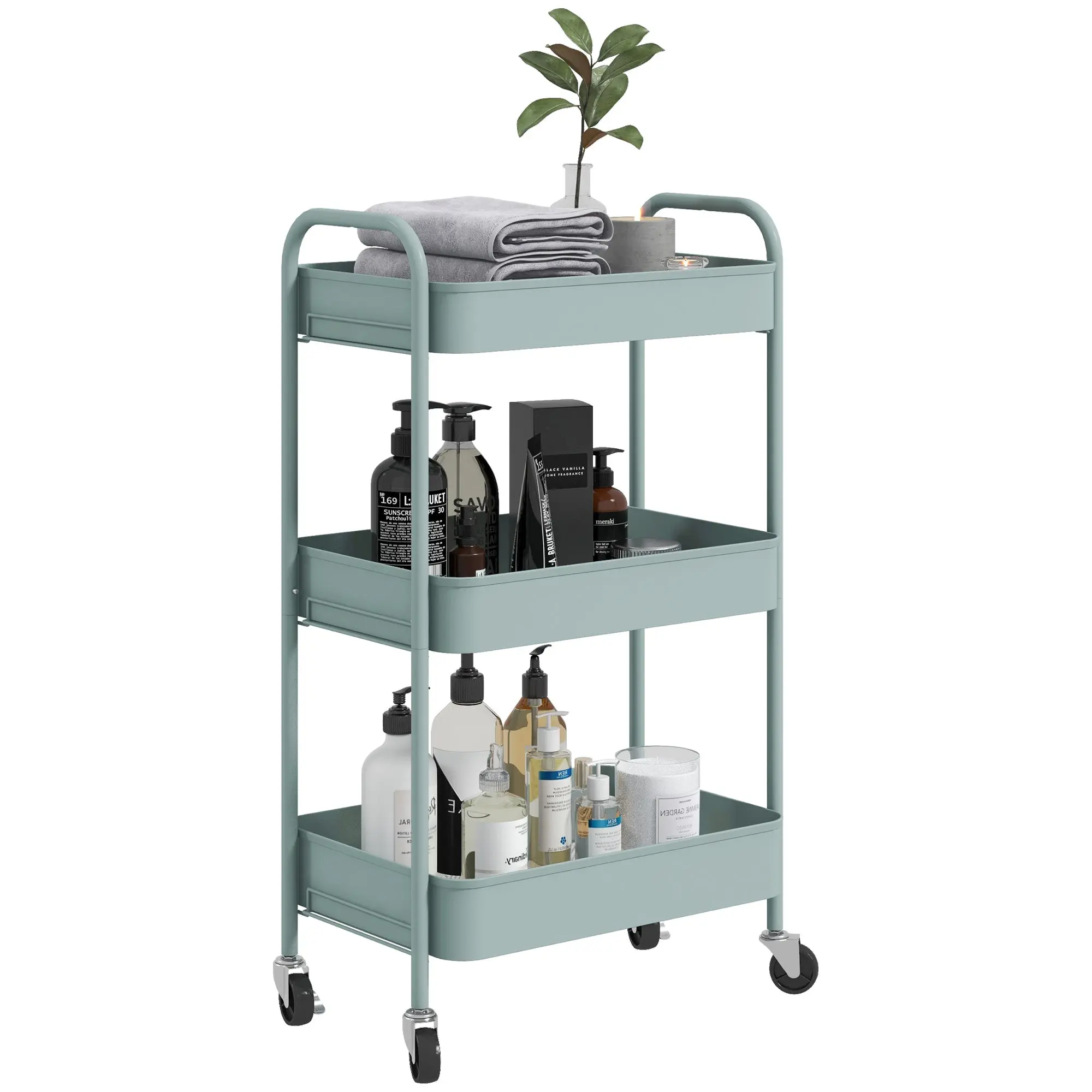 3-tier Storage Trolley, Rolling Utility Cart with Mesh Baskets for Living Room, Light Blue