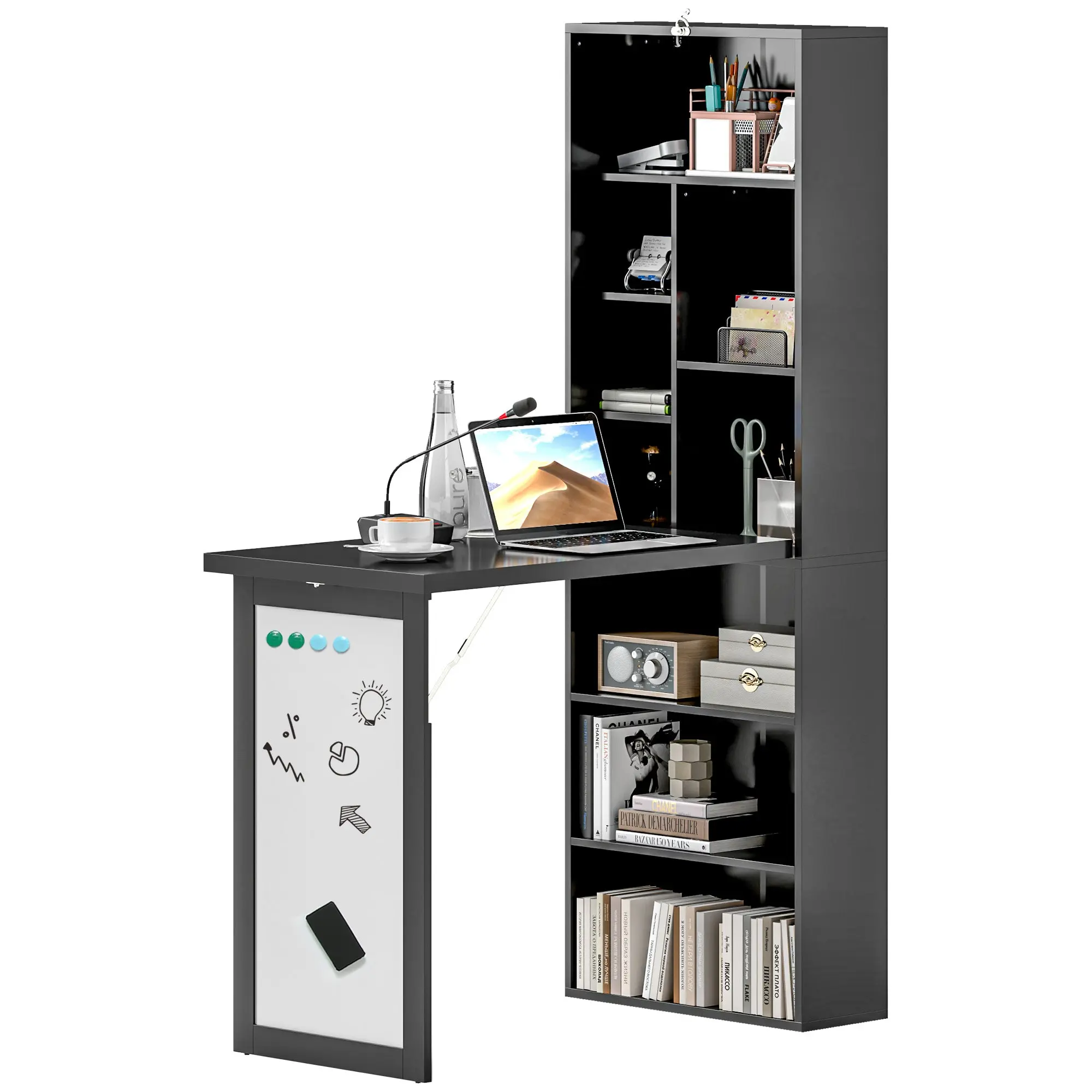 Wall Mounted Computer Desk, Folding Study Table with White Board and Bookshelf, Black