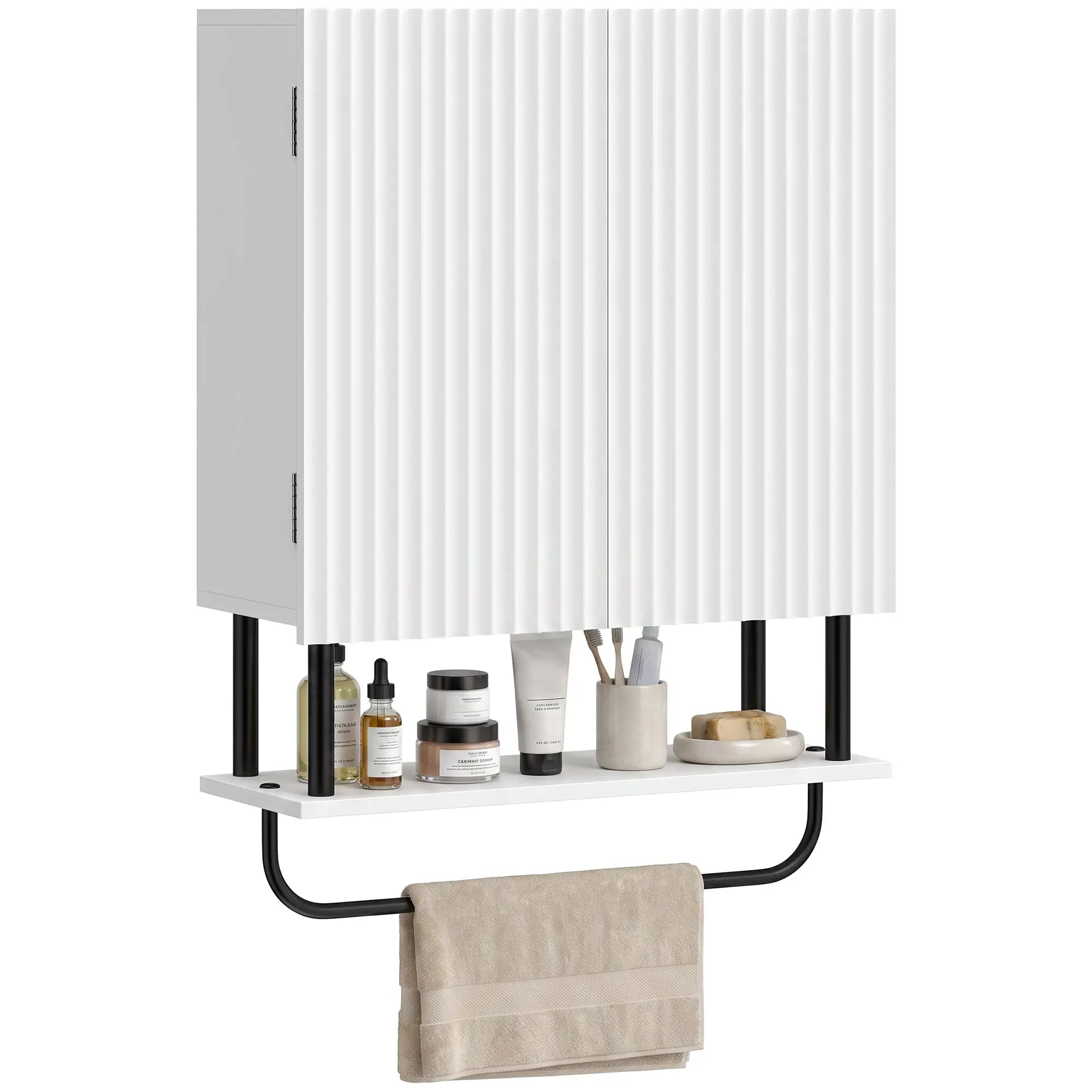 Bathroom Wall Cabinet with 2 Wavy Doors and Open Shelf, Wall-Mounted, White