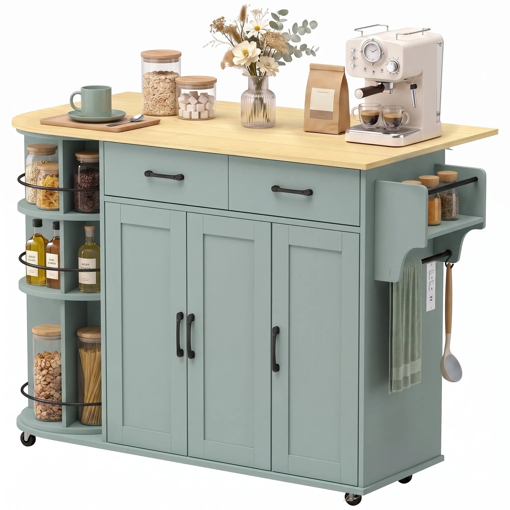 53" Kitchen Island with Power Outlet & Drop Leaf, 360° Rotating Rack, Sage Green