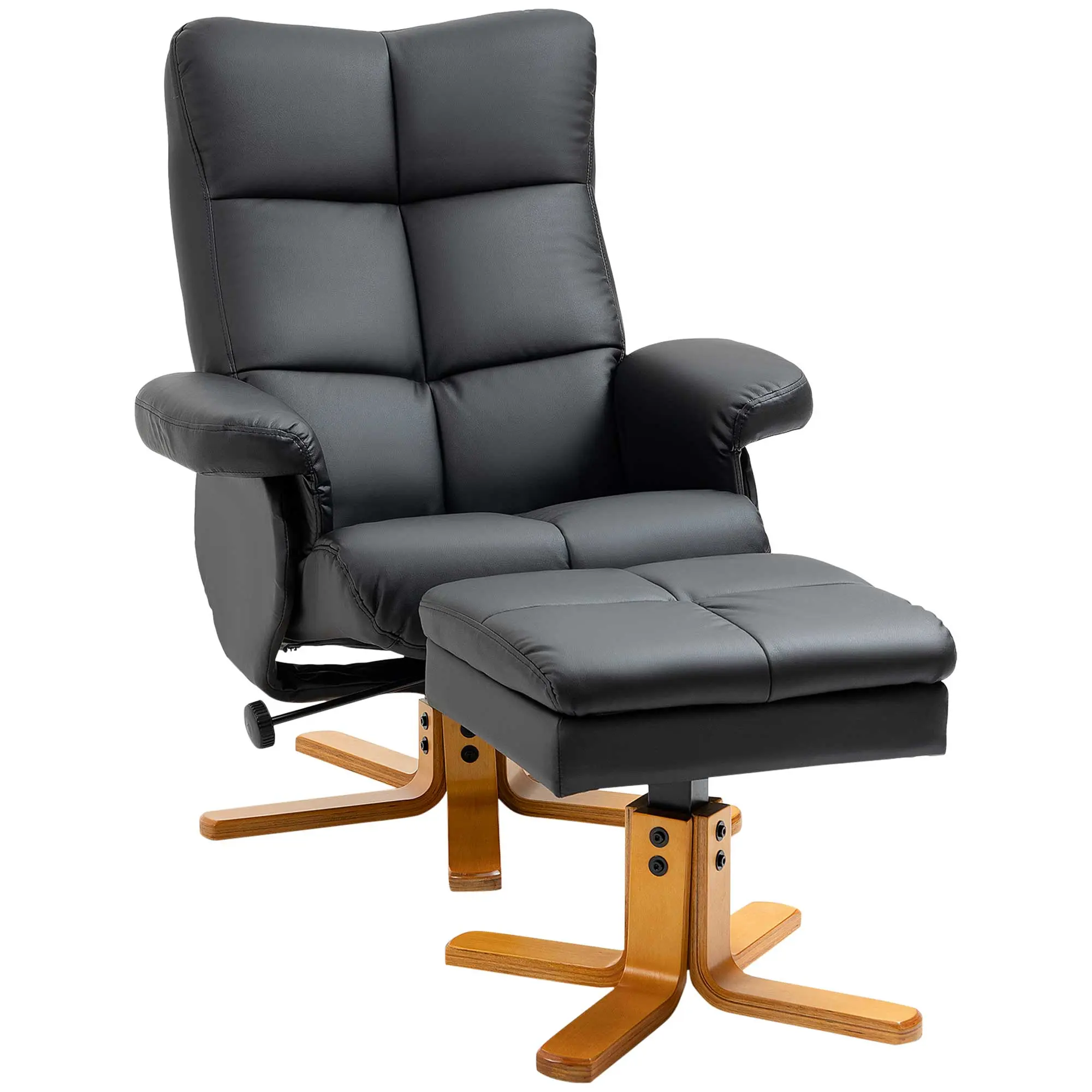 Swivel Faux Leather Reclining Chair with Storage Footstool and Wooden Base, Black