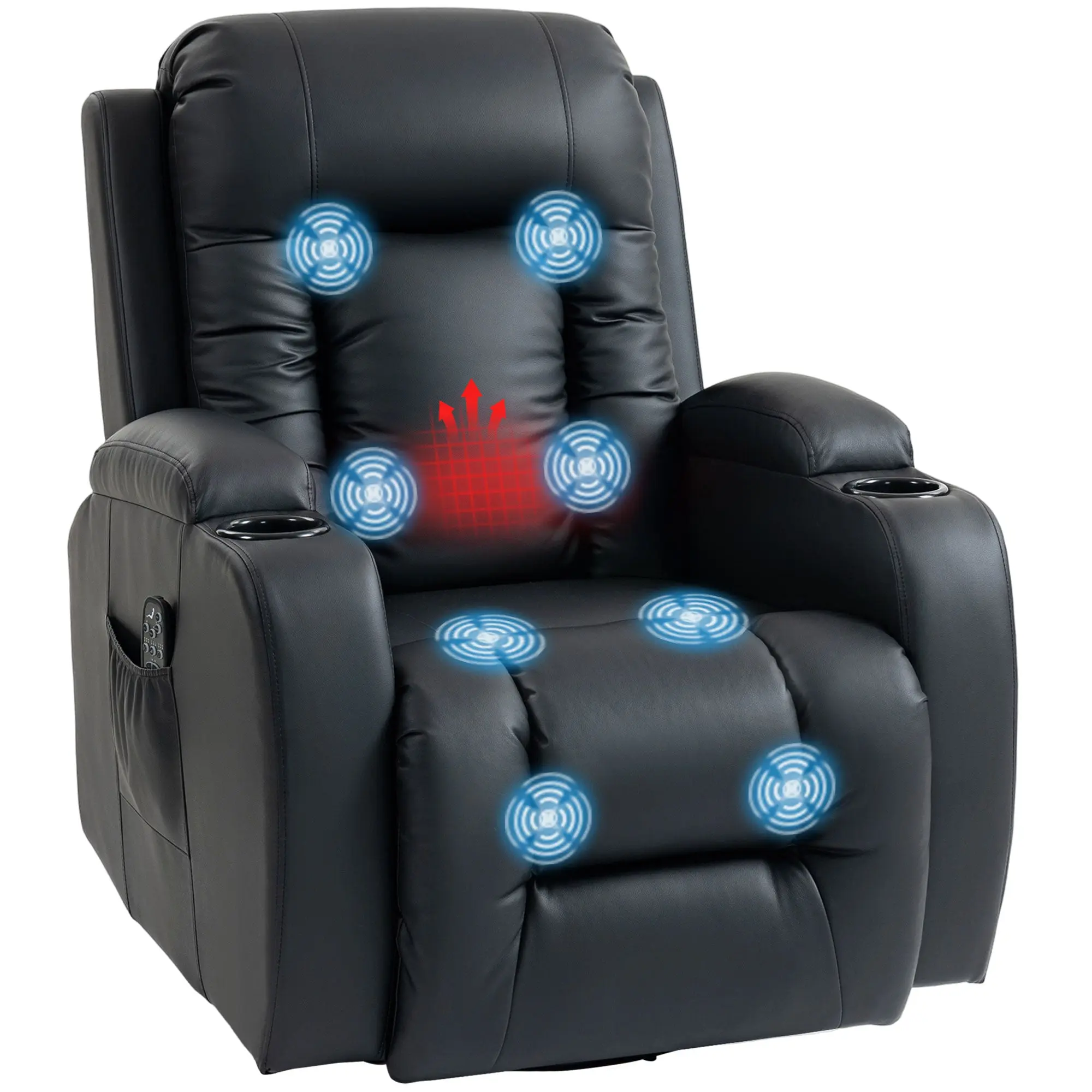 PU Leather Recliner Chair with Massage & Heat, Extended Footrest, Swivel Rocking Base, Cup Holders & Side Pockets, Black