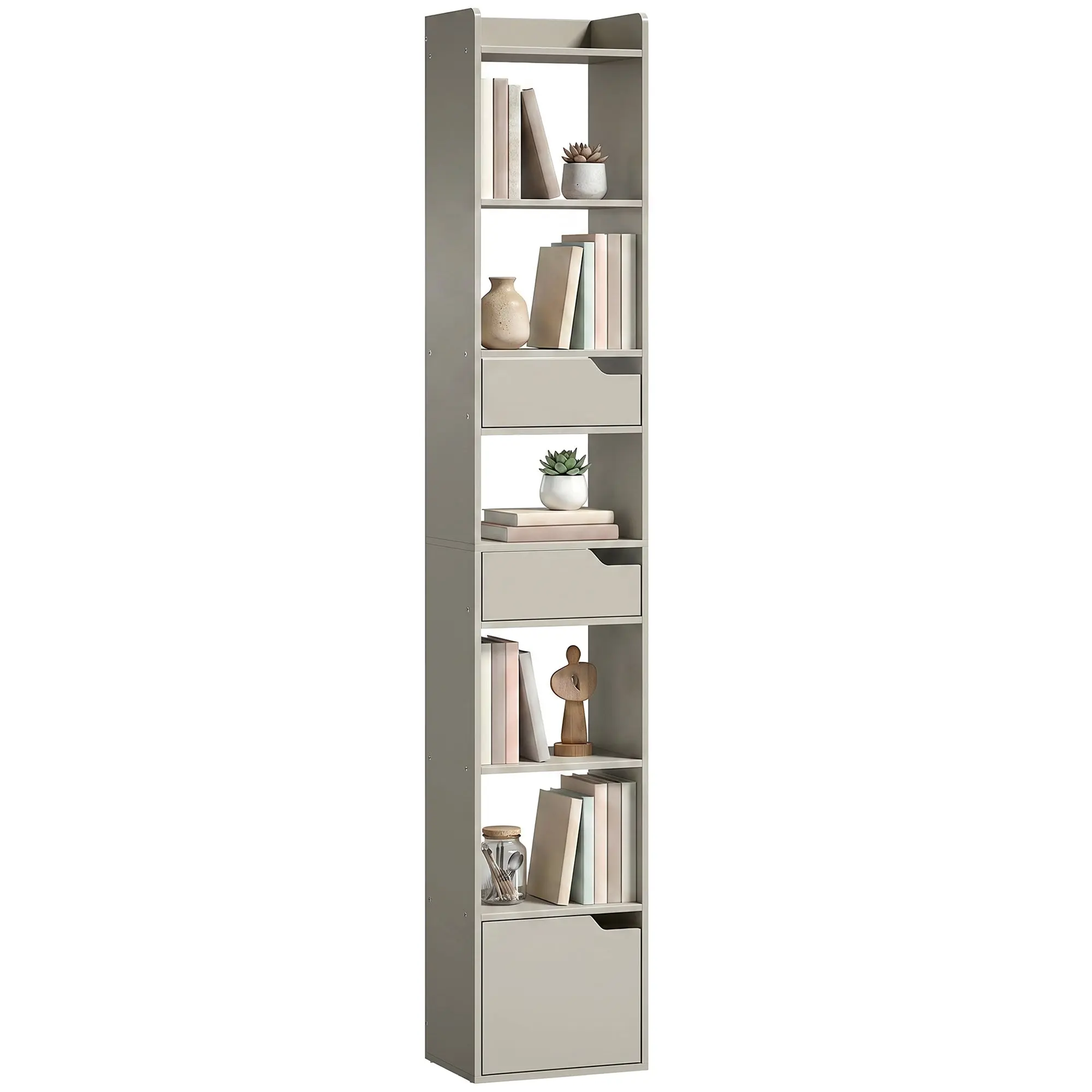 5-Tier Narrow Bookcase with Drawers & Cabinet, Anti-Tip for Living Room, Grey