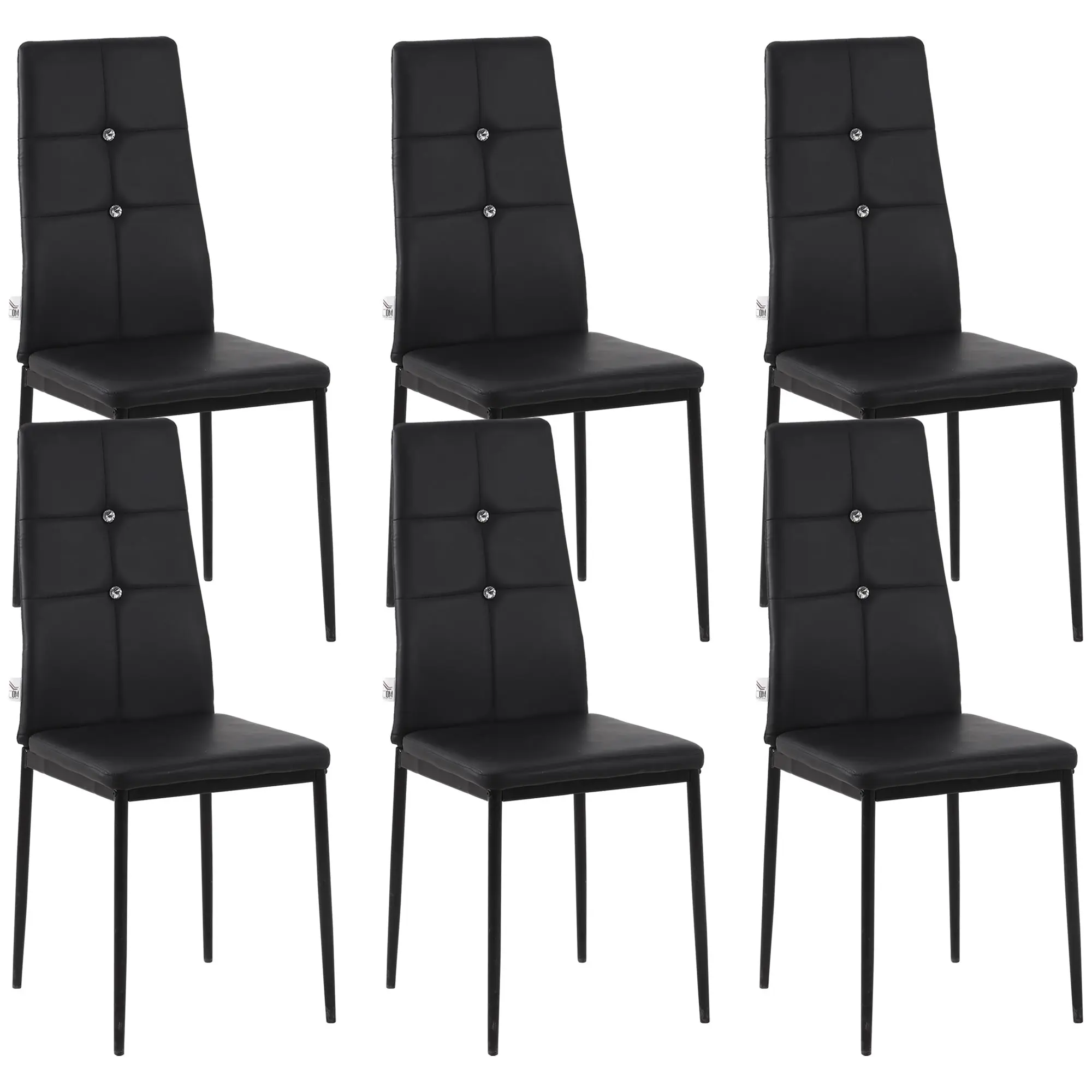 Set of 6 Faux Leather Dining Chairs with Crystal Tufting, Black