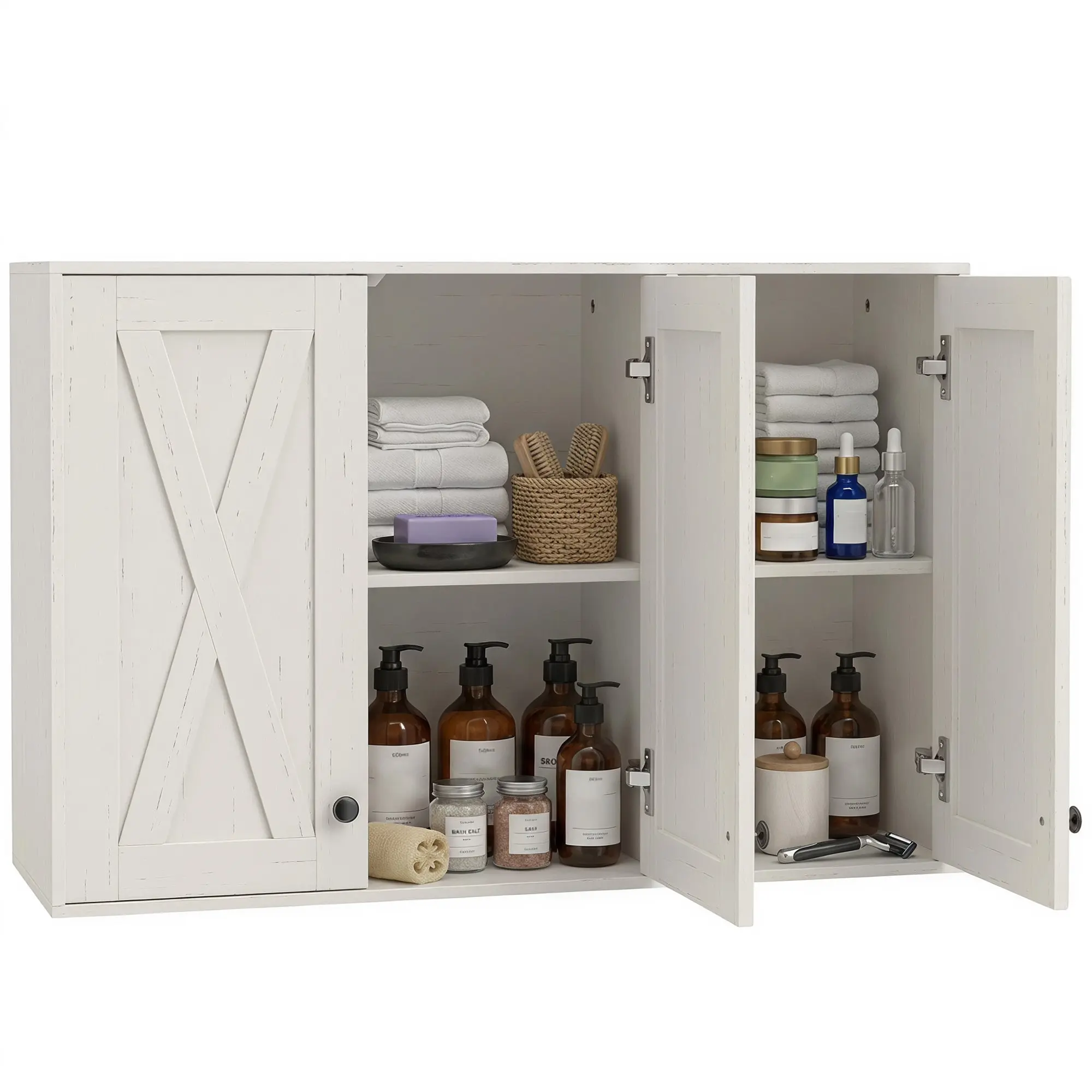 Over-the-Toilet Bathroom Wall Cabinet with 3 Doors and Adjustable Shelves, White