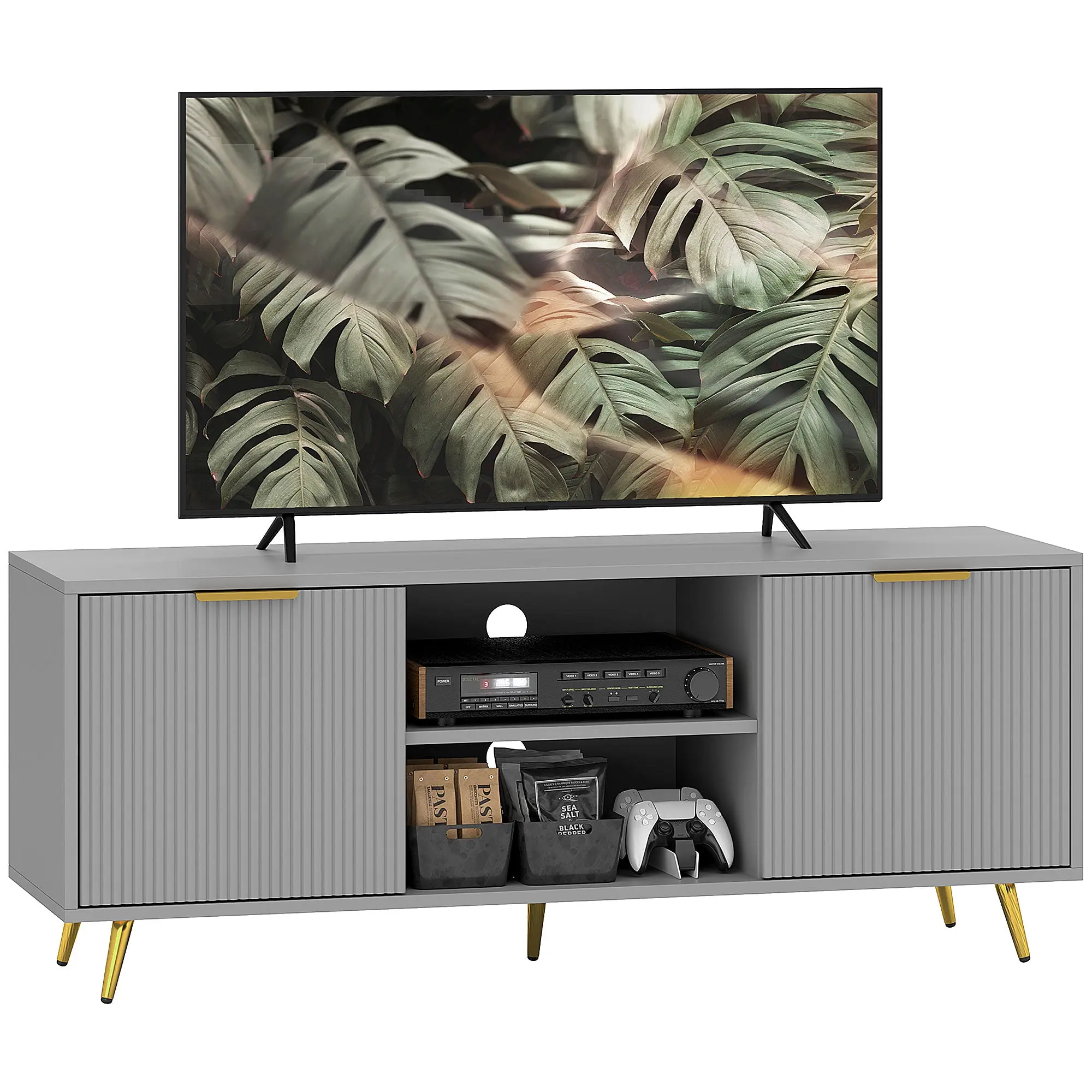 55" TV Stand with 2 Shelves & 2 Cabinets Modern Living Room Storage, Grey