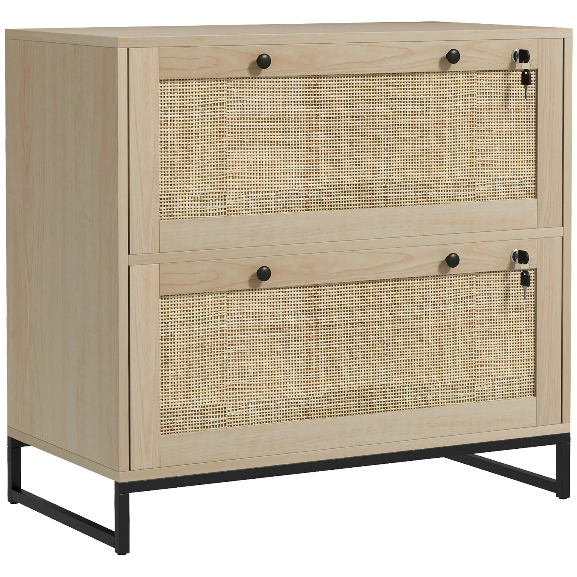 2-Drawer Rattan Filing Cabinet with Lock & Adjustable Hanging Bar for Letters, Natural