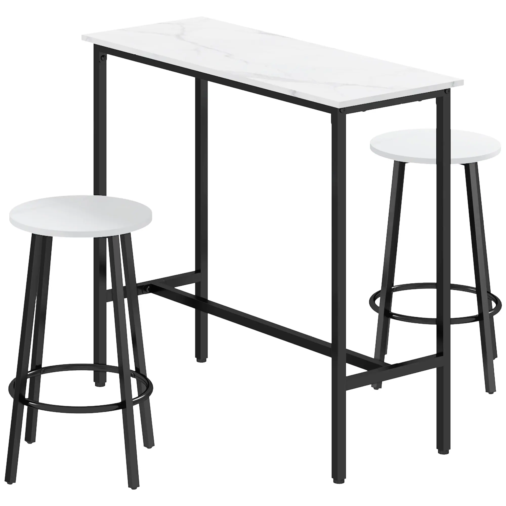 3 Piece Bar Table Set, Modern Dining Table Set for 2 with Stools & Footrest, White