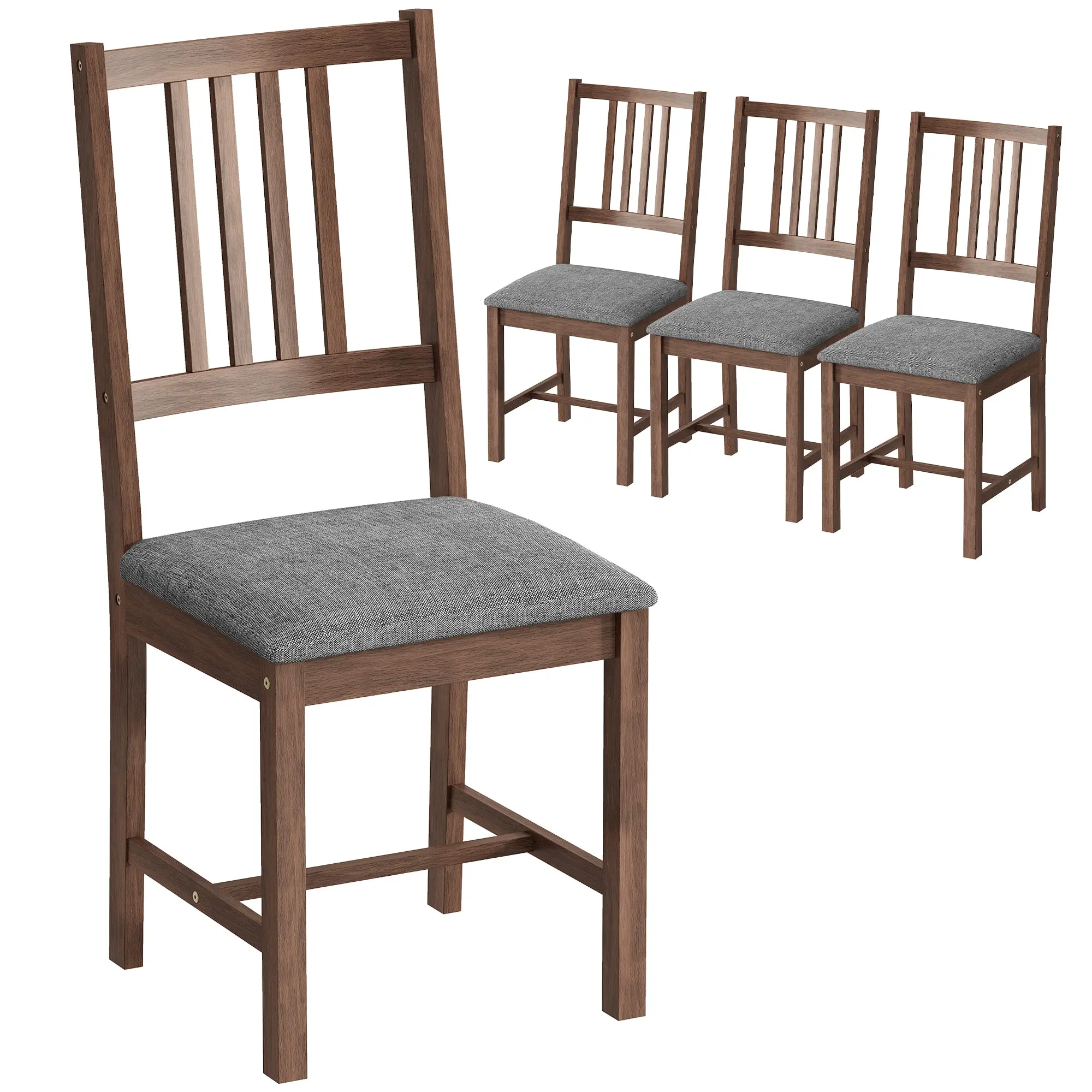 Set of 4 Upholstered Slat Back Kitchen Chairs with Rubberwood Legs, Gray