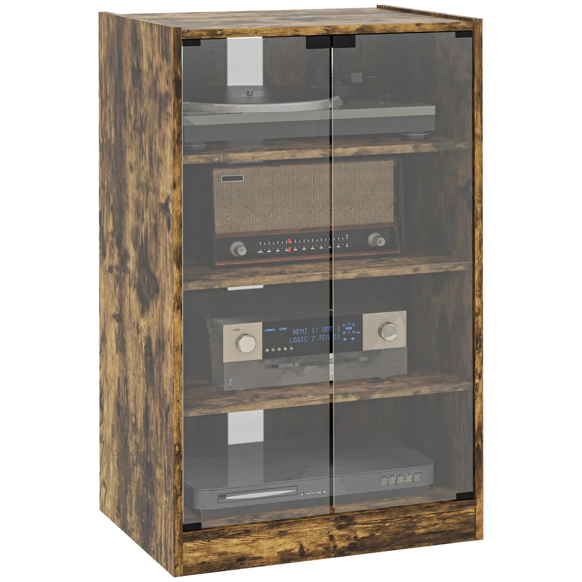 5-Tier Media Storage Cabinet with 3 Adjustable Shelves & Tempered Doors, Rustic Brown