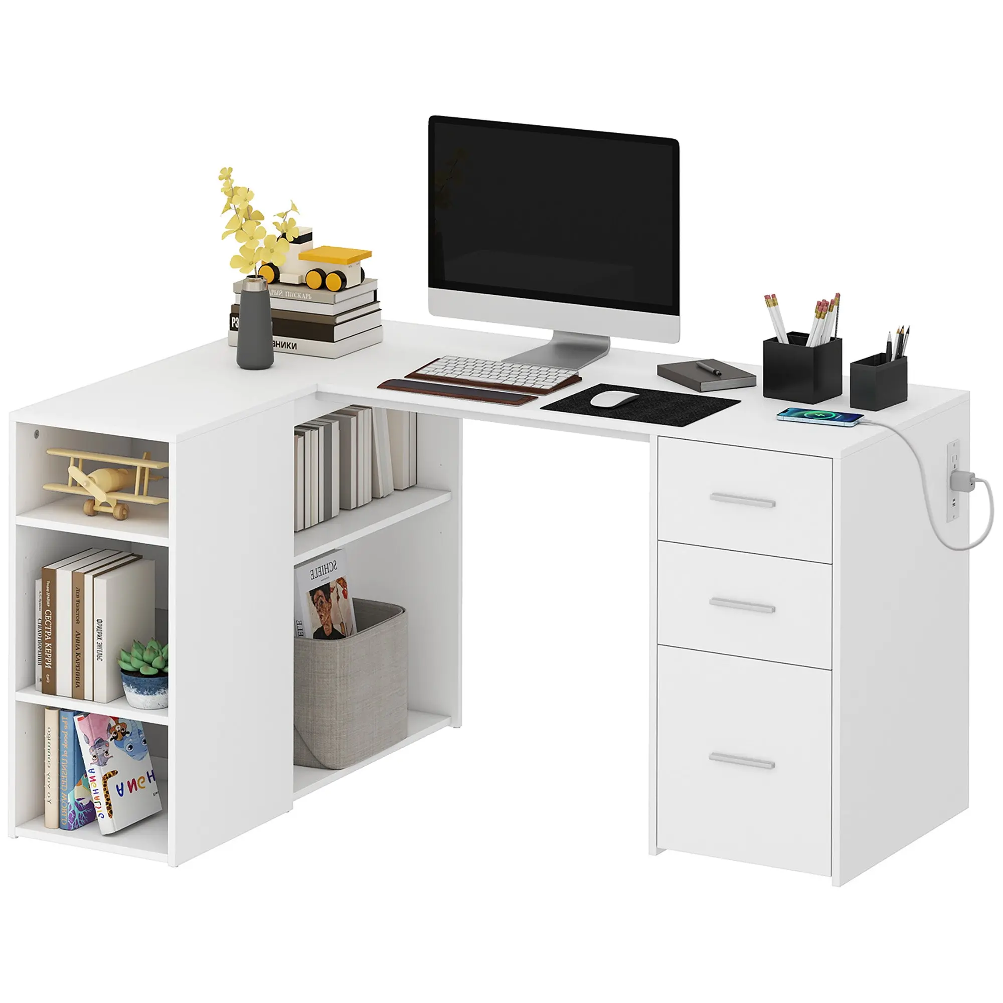 55" L-Desk Corner with Outlets, File Drawer & 2 Drawers, White