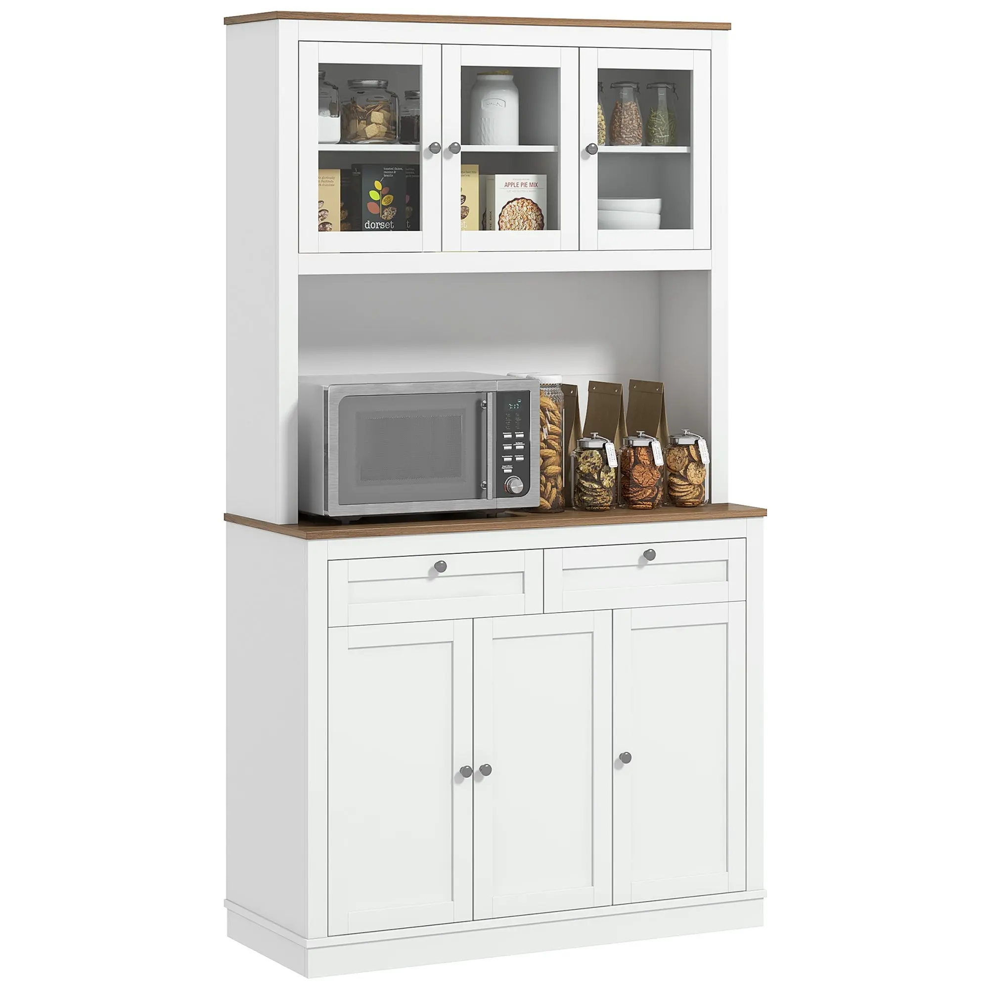 71" Pantry Cabinet with Microwave Countertop, Tall Kitchen Hutch with 2 Drawers, Freestanding Storage Cabinet with Adjustable Shelves, Glass and Shaker Doors, White