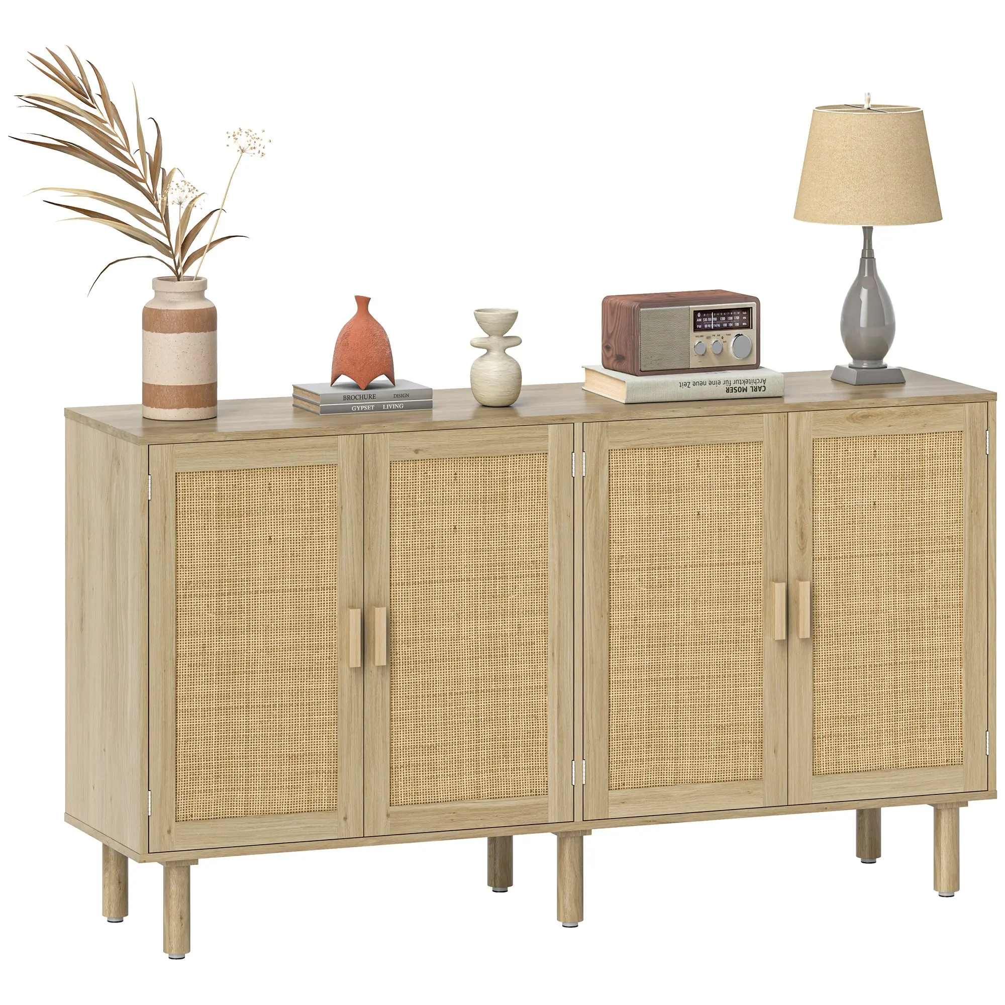 4 Doors Large Capacity 62" Solace Sideboard, Boho Buffet with 2 Cabinets, Natural