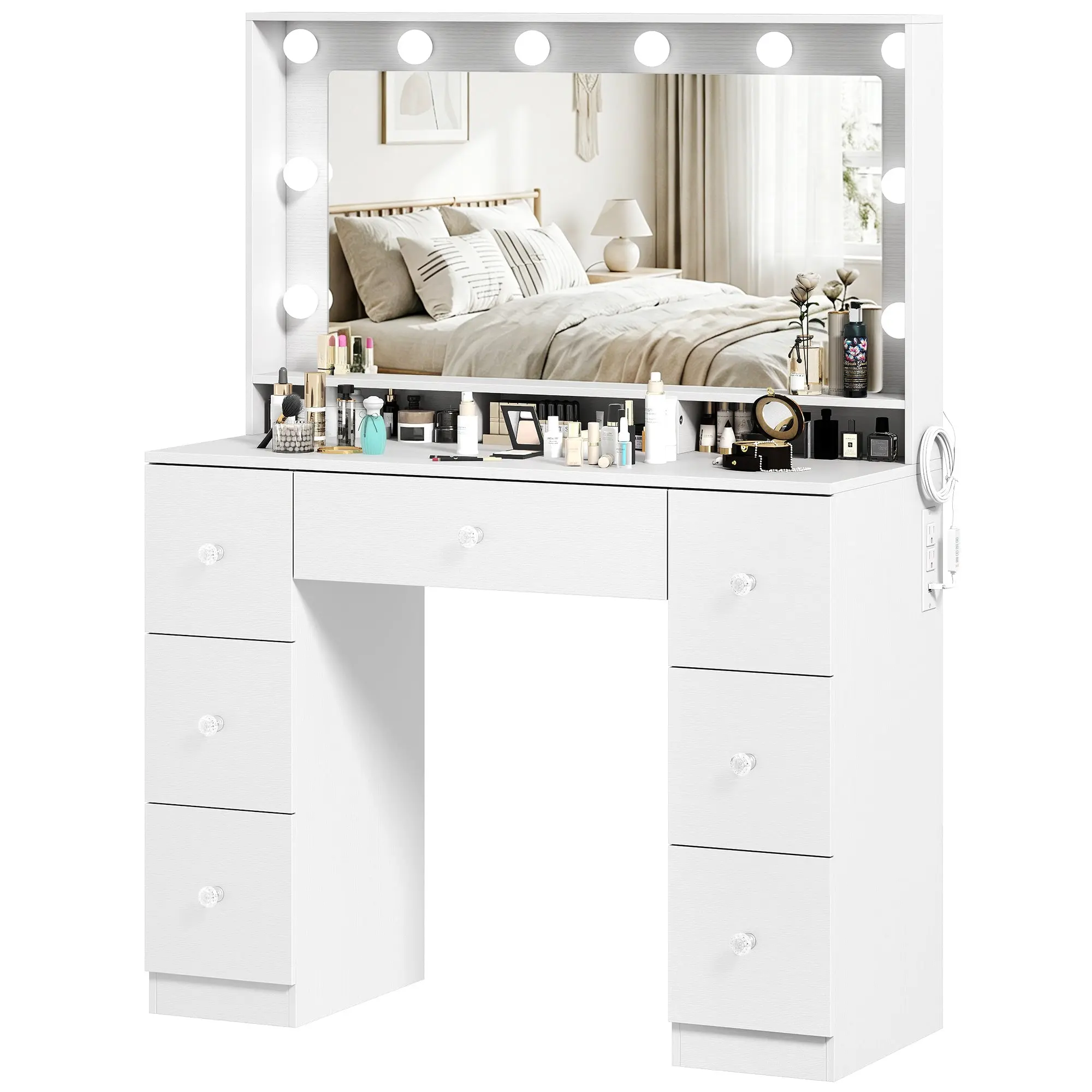 7-Drawer Makeup Vanity with 10 LED Hollywood Lights, Mirror & USB Charging, White