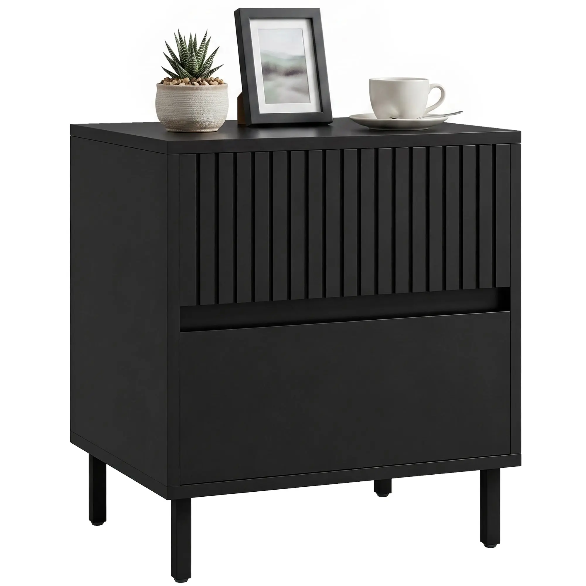 Bedside Table with 2 Drawers and Steel Legs, Storage for Bedroom & Living Room, Black