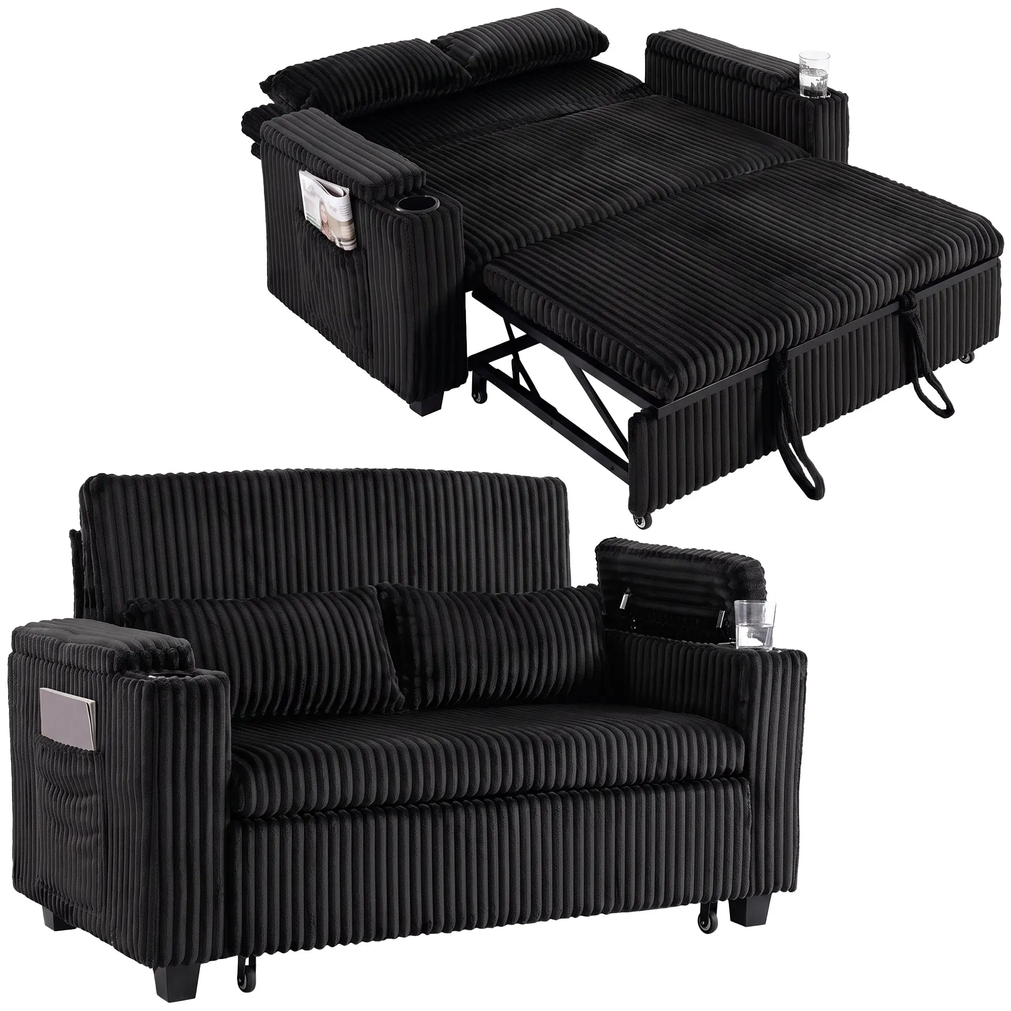 2-Seater Corduroy Sofa Bed with Pull-Out Sleeper and Storage Armrests, Black