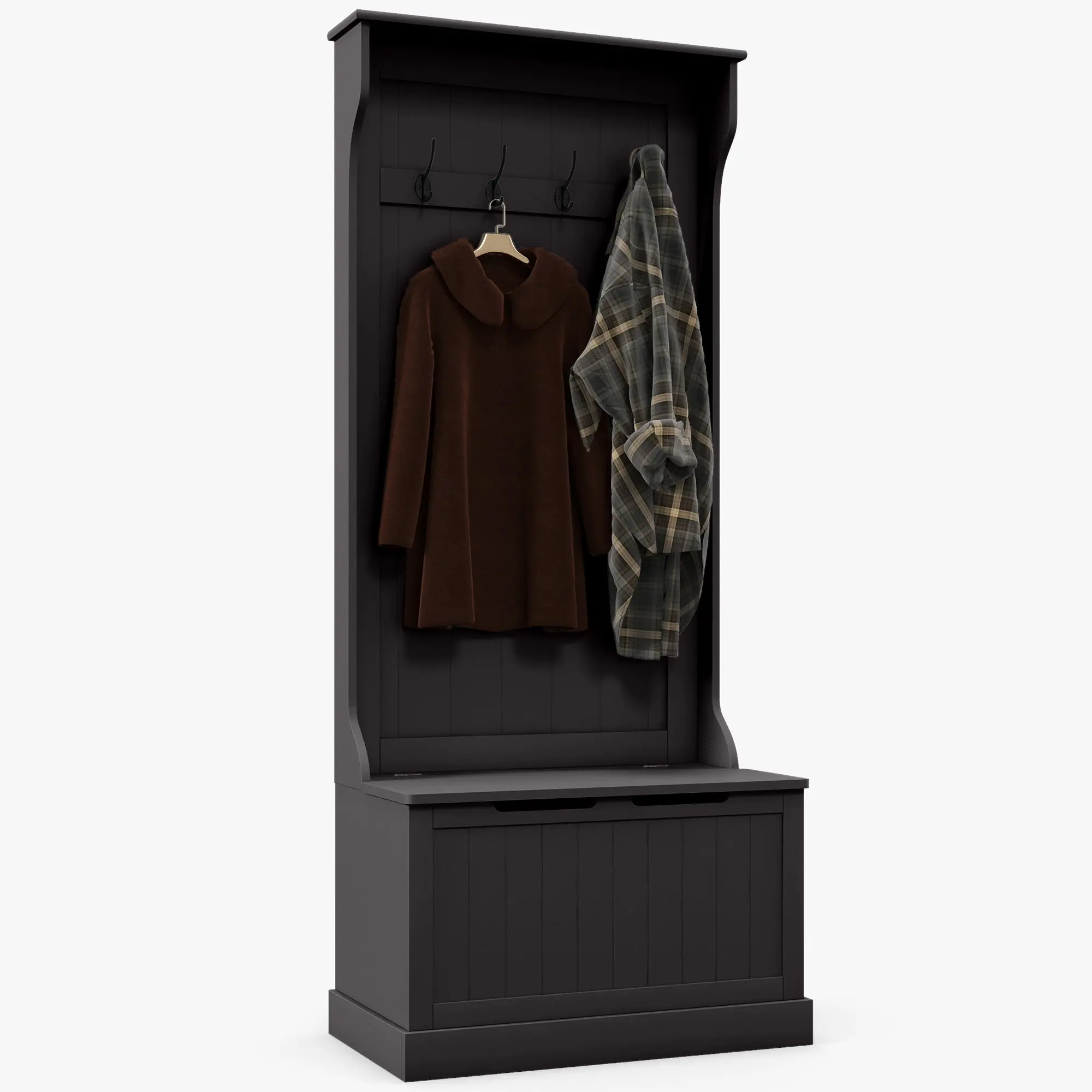 Entryway Hall Tree with Coat Rack, Mudroom Bench with Hidden Storage & Hooks, Black